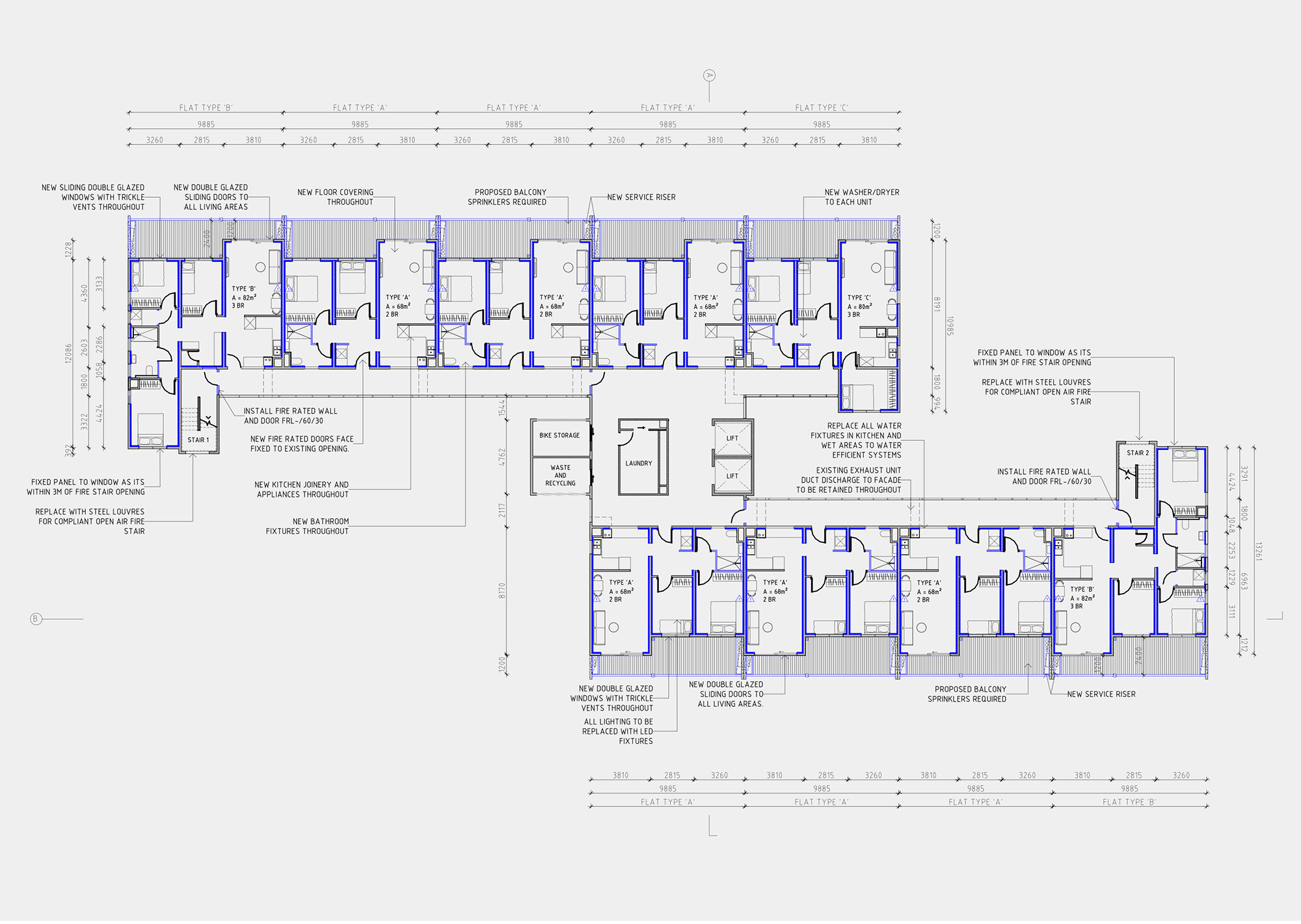 <p>Plan drawing showing OFFICE’s proposed additions and alterations (in blue) to 120 Racecourse Road. Drawing courtesy of OFFICE.</p>
