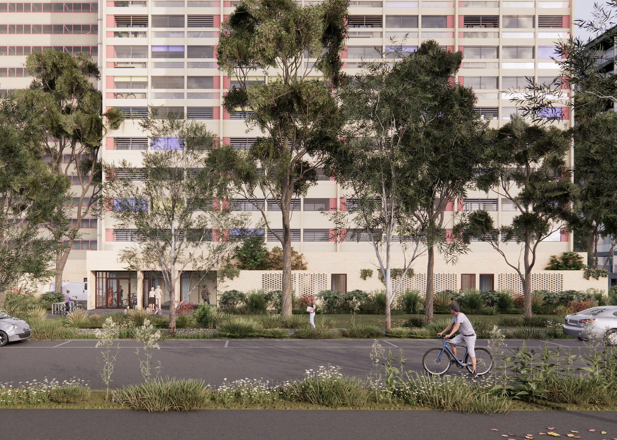 <p>Exterior rendering of OFFICE’s proposed refurbishment, including its brick base and new balconies. Image courtesy of OFFICE.</p>