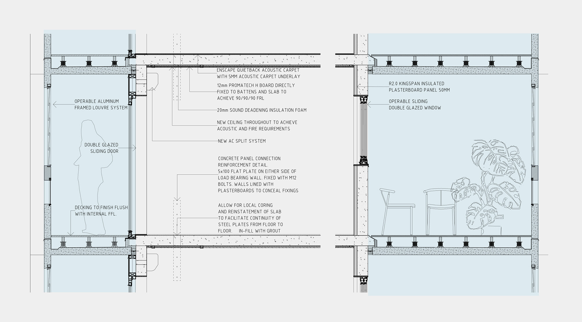 <p>Sectional detail drawing of the new balconies and building fabric upgrades. Drawing courtesy of OFFICE, adapted by the author to highlight the new additions in blue.</p>