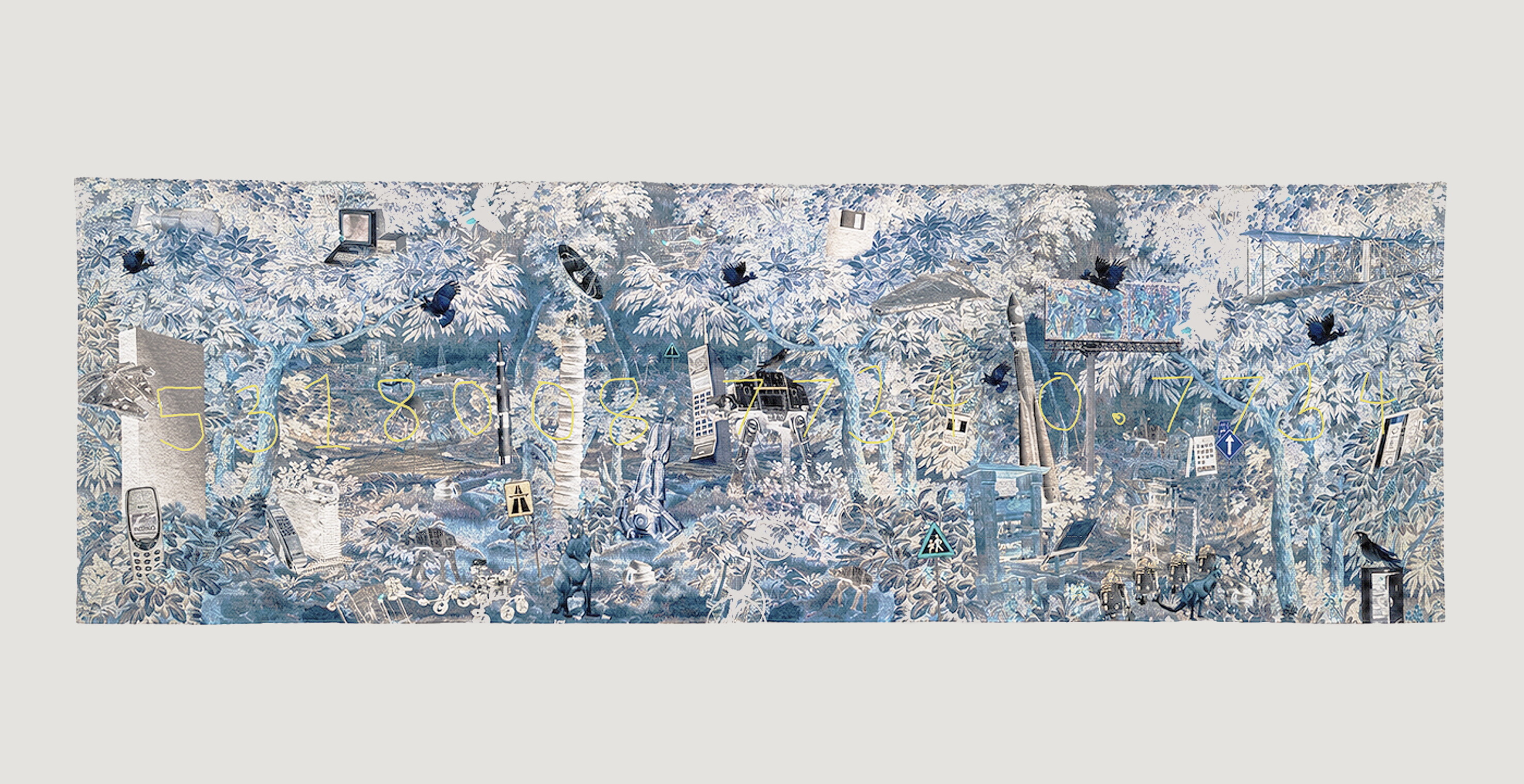 <p>Jackson Farley, 5318008 7734 0.7734, 2026, digital collage, woven Jacquard tapestry, hand embroidery, Tamworth Regional Gallery. Photo: Courtesy the artist.</p>