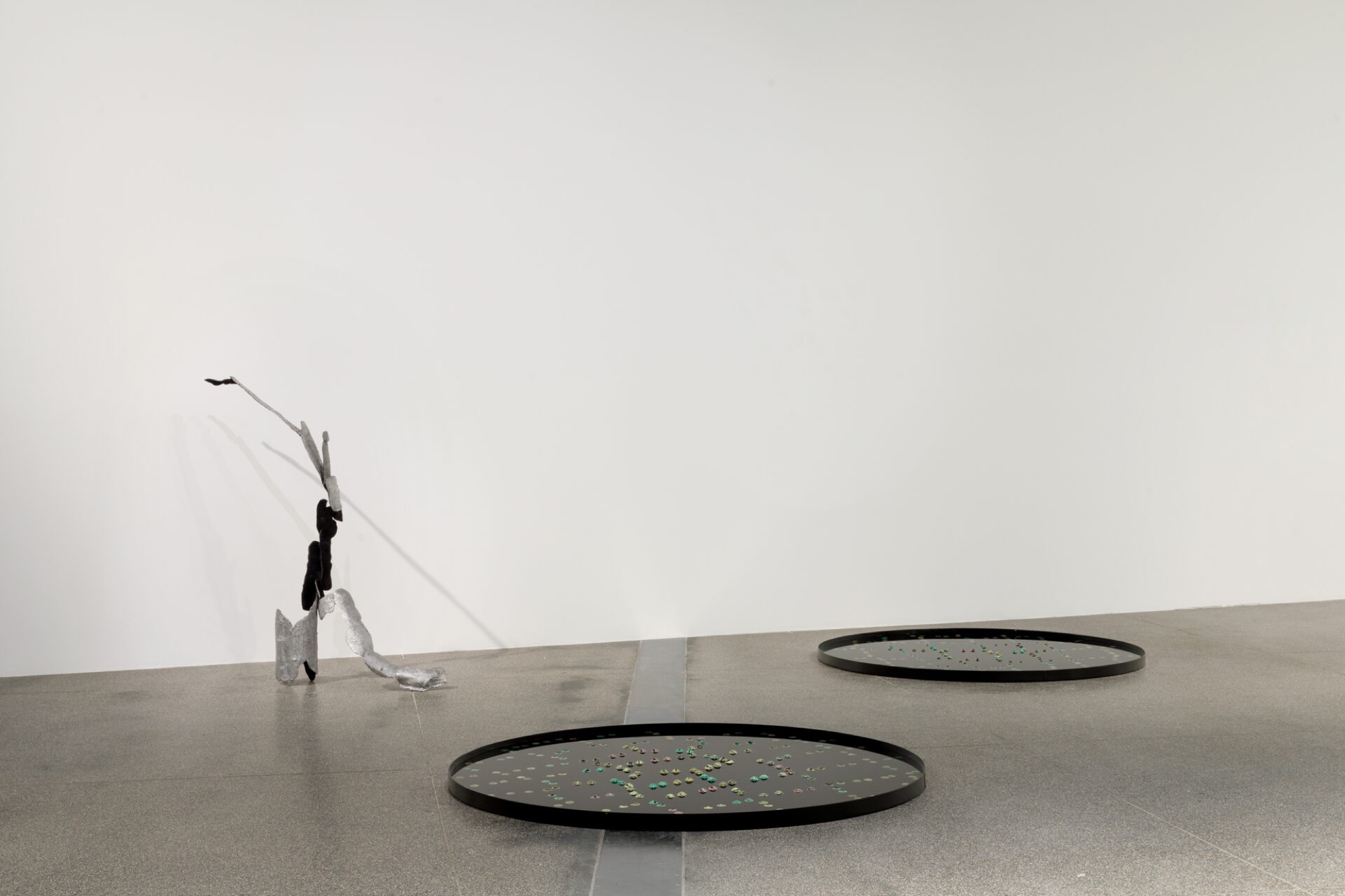 Lauren Burrow, A stick developing eyes, 2020–21. Powder-coated aluminium trays, water, plastic crocodile eyes made from bio-glitter of eucalyptus derivative and epoxy resin; centrifugally cast aluminium with black patina, dimensions variable. Courtesy the artist. Photograph: Andrew Curtis.