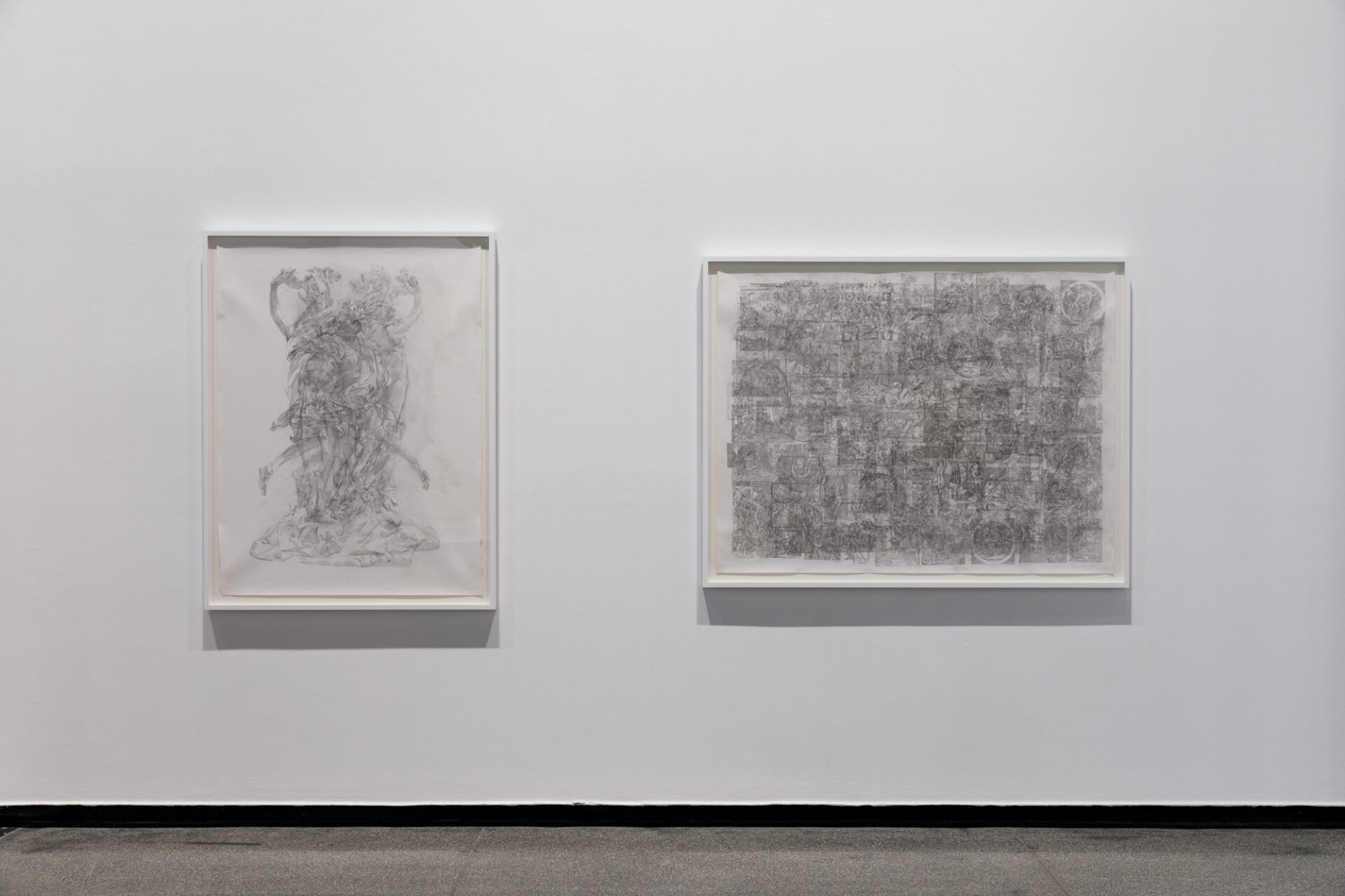 Ciprian Mureșan, Drawing after ‘Apollo and Daphne’ by Bernini photographed from different angles, 2021. Pencil on paper, 132.0 x 99.0 cm, Drawing after a selection of representations of Daphne from the archive of the Warburg Institute, 2021, Pencil on paper, 114.0 x 150.0 cm. Courtesy the artist and Galeria Plan B, Berlin. Photograph: Andrew Curtis