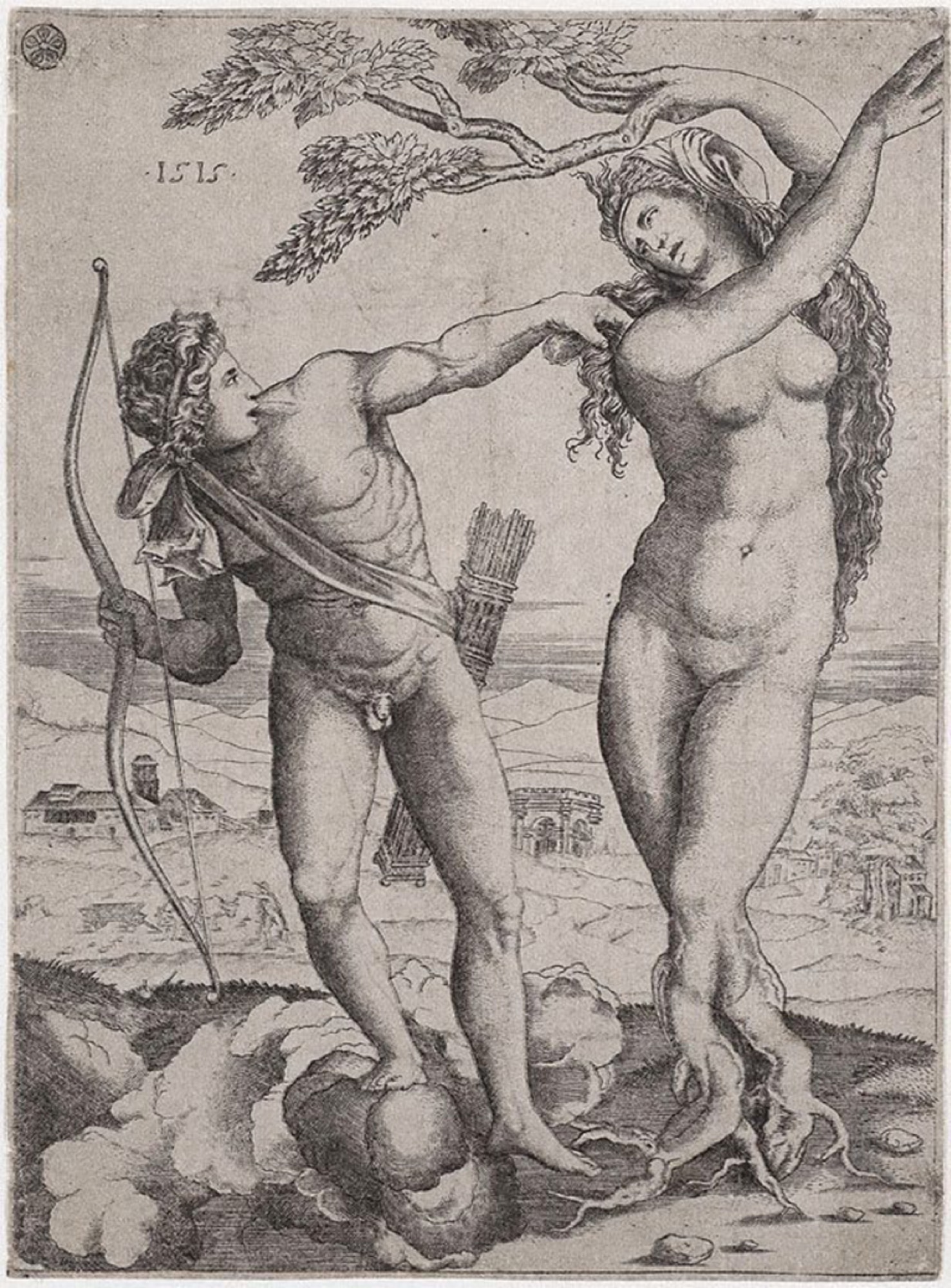 Agostino de Musi, Apollo and Daphne, 1515. Engraving, 23.0 x 17.0 cm (image); 23.4 x 17.3 cm (sheet). Art Gallery of New South Wales, Sydney, purchased 1937. Photograph Andrew Curtis.