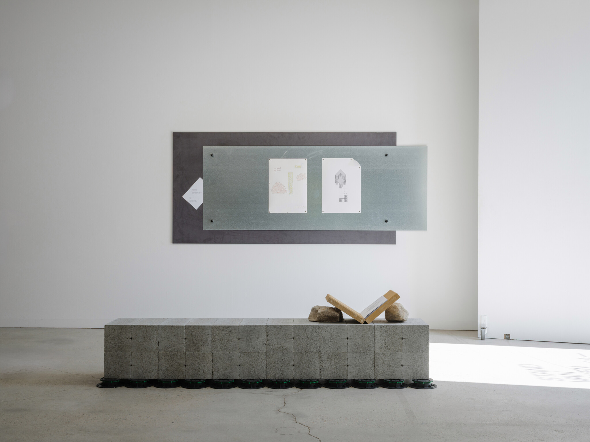 <p>Installation view of <em>A Good Idea</em>, 2025. Seating by Stand Van Zaken (Theo De Meyer and Stefanie Everaert) and Guillermo Fernández-Abascal. Theo De Meyer and Stefanie Everaert, <em>Your Drawing May Be Small, But Not Your Frame</em>, featuring drawings of Theo De Meyer’s <em>A Chair of Tiles</em>, and GFA2’s (Guillermo Fernández-Abascal) <em>Tapes and Rocks</em>, 2025. Bench by Stand Van Zaken and GFA2. Photo: Hamish McIntosh.</p>
