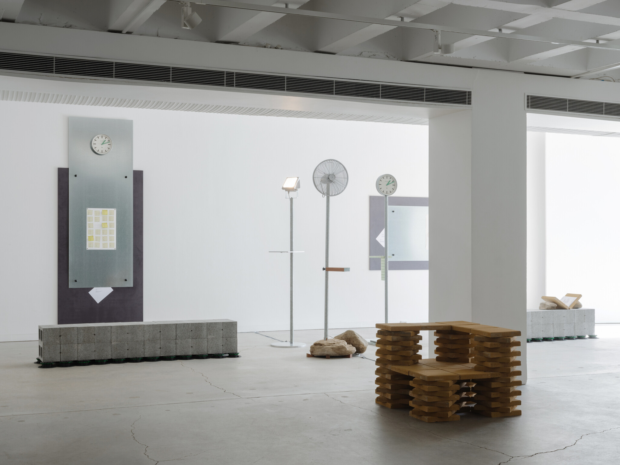 <p>Installation view of <em>A Good Idea</em>, 2025. Theo De Meyer, A Chair of Tiles, 2025. Seating by Stand Van Zaken (Theo De Meyer and Stefanie Everaert) and GFA2 (Guillermo Fernández-Abascal). Theo De Meyer and Stefanie Everaert, <em>Your Drawing May Be Small, But Not Your Frame</em>, featuring drawings of Sam Chermayeff Office’s Poles, 2025. Photo: Hamish McIntosh.</p>