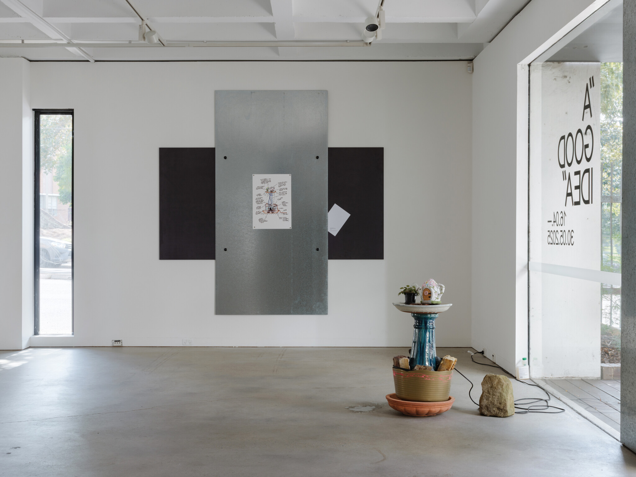 <p>Installation view of <em>A Good Idea</em>, 2025. Mike Hewson, <em>Continuous Fountain</em> (assembled by Ruiqing Liang and Sonya Yi), 2025. Theo De Meyer and Stefanie Everaert, <em>Your Drawing May Be Small, But Not Your Frame</em>, featuring drawings of Mike Hewson’s <em>Continuous Fountain</em>. Photo: Hamish McIntosh.</p>