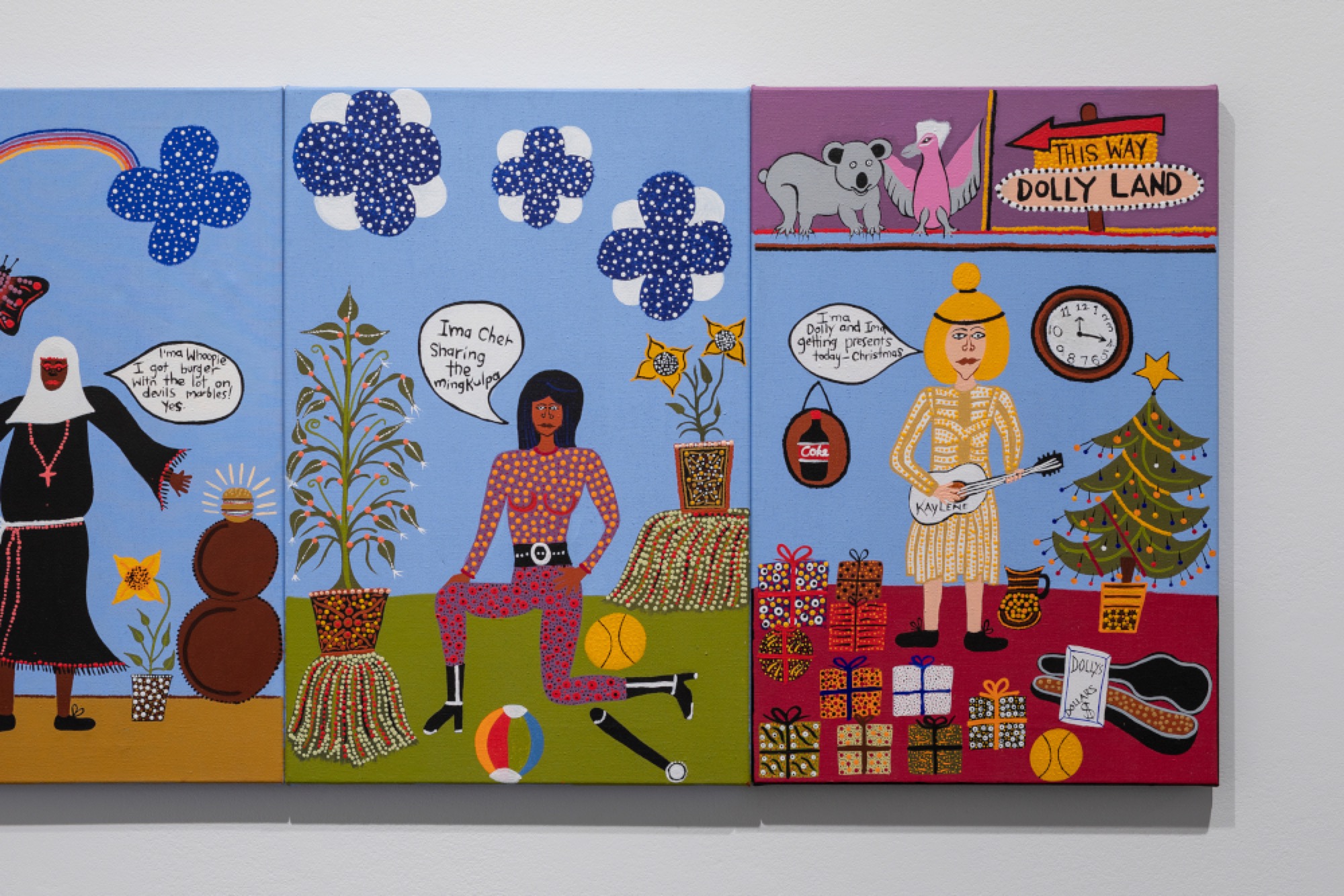 Kaylene Whiskey, <em>Seven Sistas</em> 2018 (detail), synthetic polymer paint on canvas, 8 panels: 307.0 x 124.0 cm (each), installation view, Australian Centre for Contemporary Art, Melbourne. Courtesy the artist, Iwantja Arts, Indulkana, and blackartprojects, Melbourne. Photograph: Andrew Curtis.