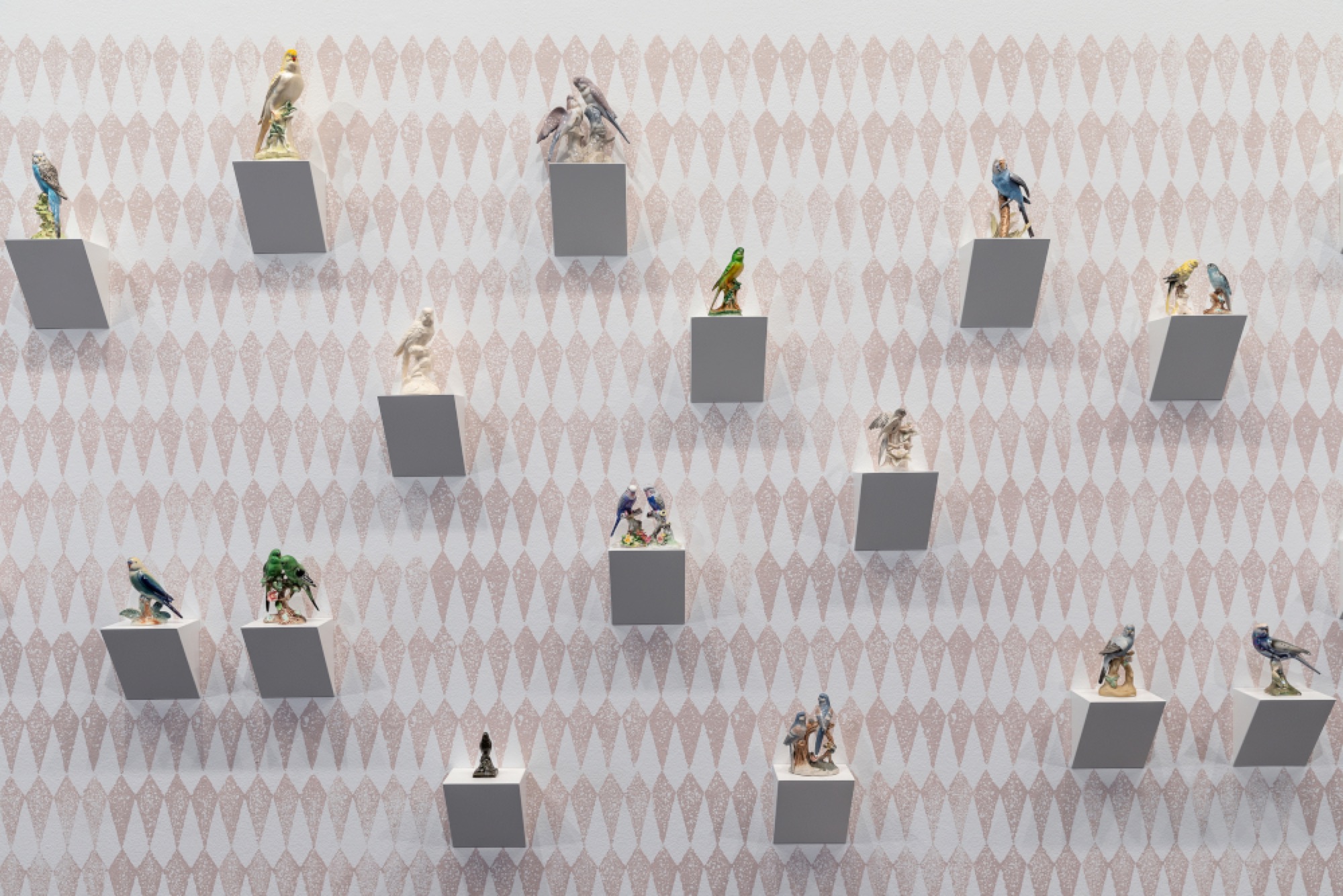 Jonathan Jones, <em>untitled (gidyirriga)</em> 2018 (detail), ceramic figurines, sponge-stamped, synthetic polymer paint, wood, stereo, soundscape, dimensions variable, installation view, Australian Centre for Contemporary Art, Melbourne. Sound design: Luke Mynott, Sonar Sound; Voices: Karma Dechen, Renna Dechen, Beth Delan, Jenson Howard, Lilia Howard, Taj Lovett, Mincarlie Lovett, Phoebe Smith, Ben Woolstencroft and Mae Woolstencroft from Parkes Public School; with thanks to Dr Uncle Stan Grant Snr AM, Uncle Geoff Anderson and Lionel Lovett. Courtesy the artist. Photograph: Andrew Curtis.