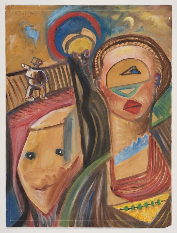 <p>Danila Vassilieff, <em>Going to a Fancy Dress Ball </em>(1957). Water colour and gouache, 40.0 x 30.1 cm. Courtesy of Castlemaine Art Museum.</p>