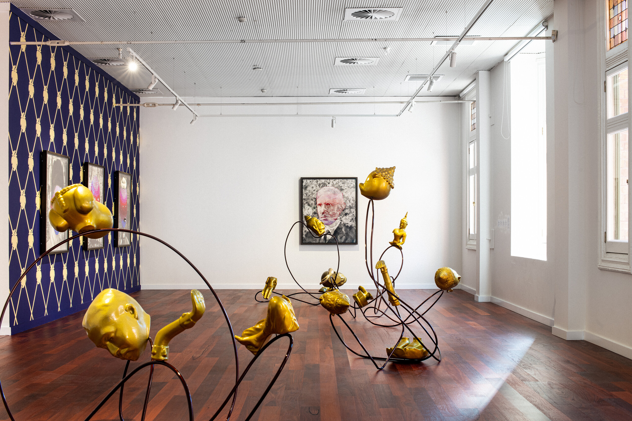 Installation view of Nathan Beard, <em>A Puzzlement</em>, 2023, 4A Centre for Contemporary Asian Art; photo: Kai Wasikowski. Commissioned by Perth Institute of Contemporary Arts. Courtesy the artist and sweet pea, Perth