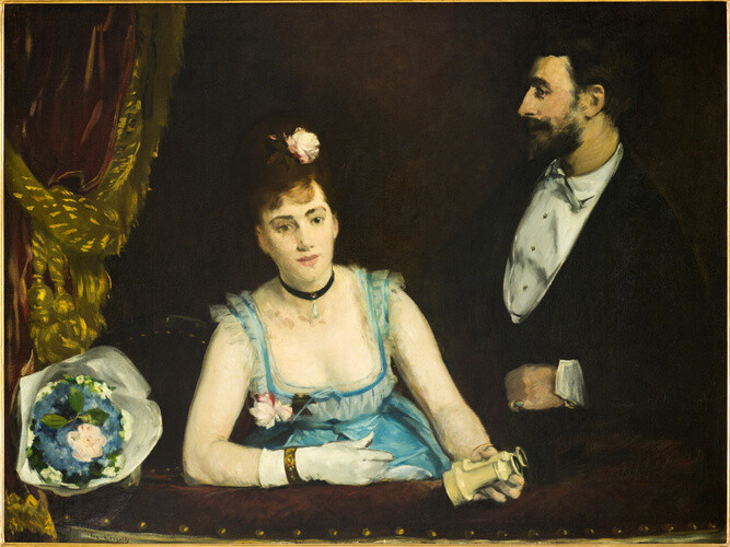 <p>Eva Gonzalès, A Loge at the Théâtre des Italiens, 1874, oil on canvas, 97.7 x 130 cm, Musée d’Orsay, Paris.</p>