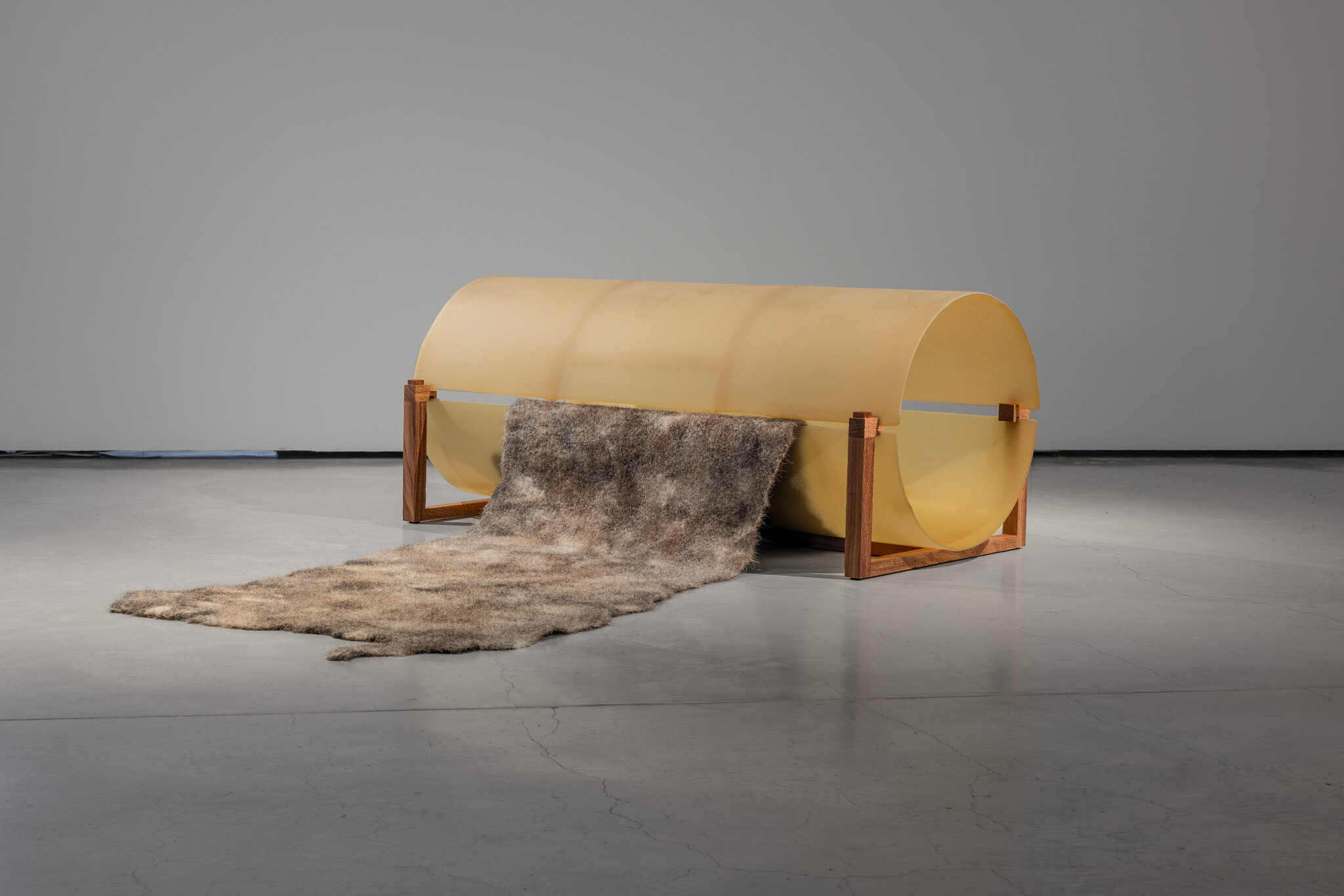 <p>Detail of Spence Messih,&nbsp;<em>False antithesis I–V</em>, 2026, kiln-formed glass, timber marquetry (coachwood,&nbsp;silky oak, jarrah), blackwood, felted&nbsp;feral goat fibre, dimensions variable. Photo: Jacquie Manning.&nbsp;</p>