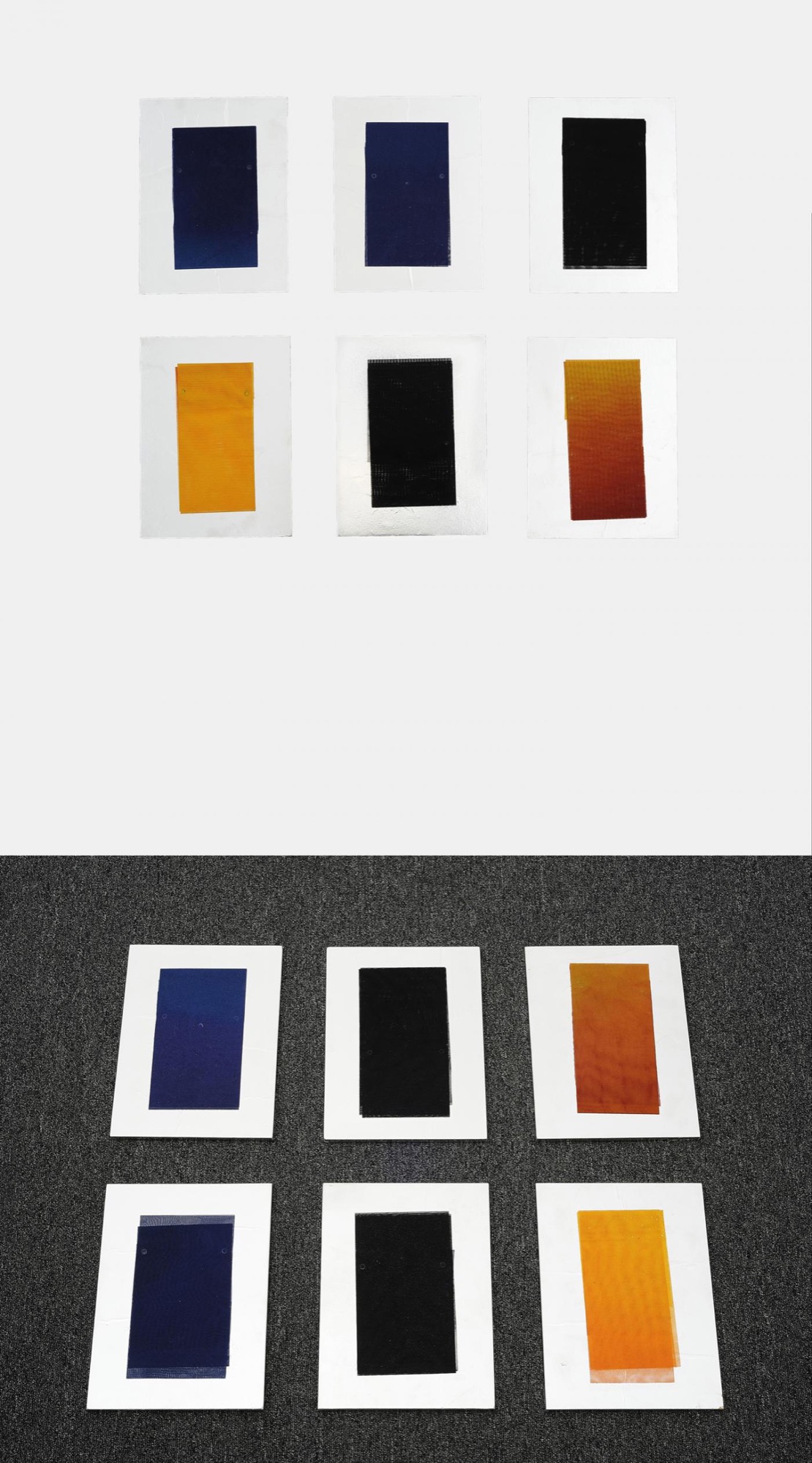 Paul Partos, <em>Unspecified lengths</em>, 1969, acrylic on nylon organza on aluminium foil on board, each 30.50 x 23.00