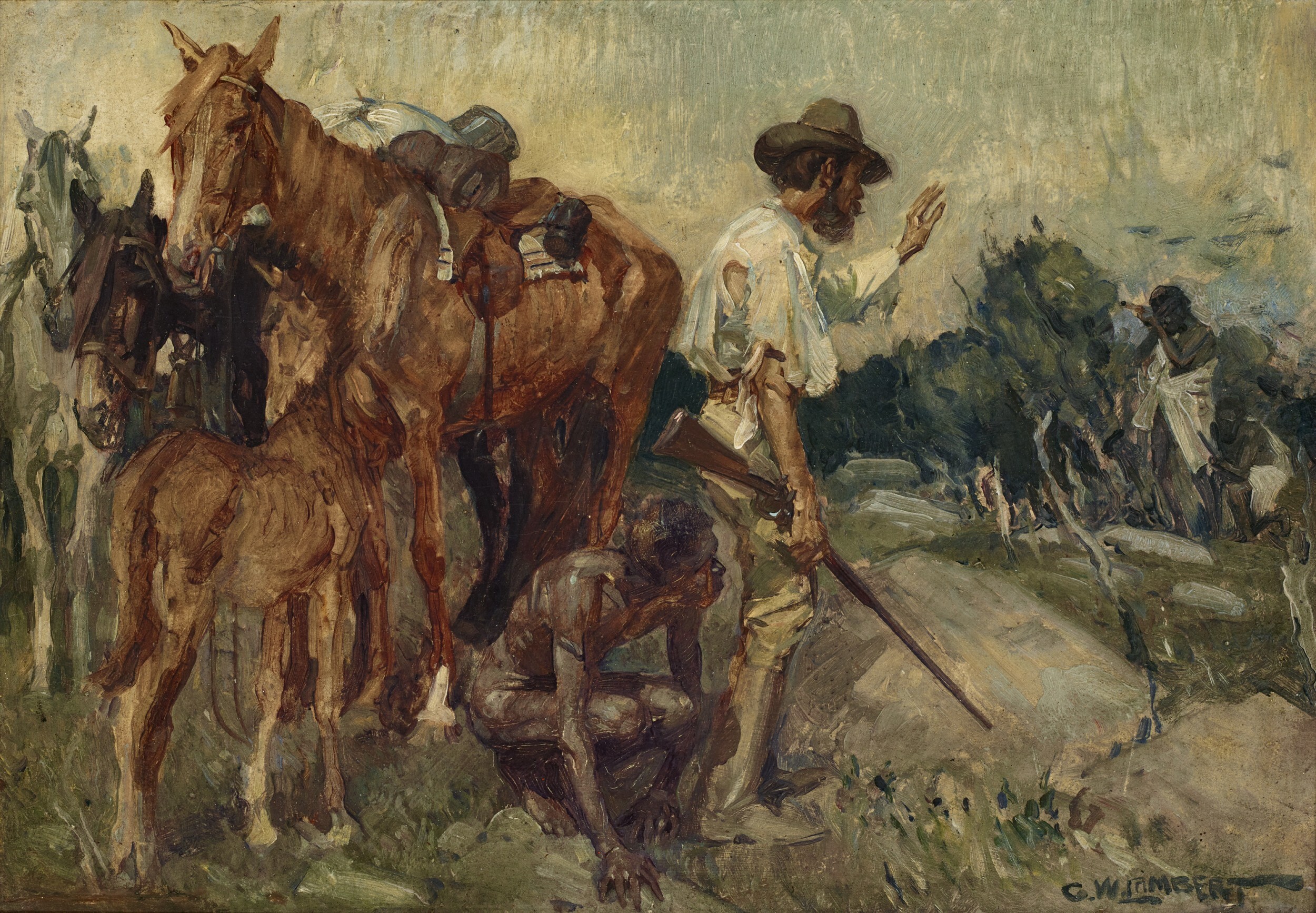 <p>George Lambert, <em>Eyre and Wylie</em>, 1908, oil on wood panel, 26.5 x 38.0 cm, private collection. Photo courtesy of Deutscher and Hackett.</p>