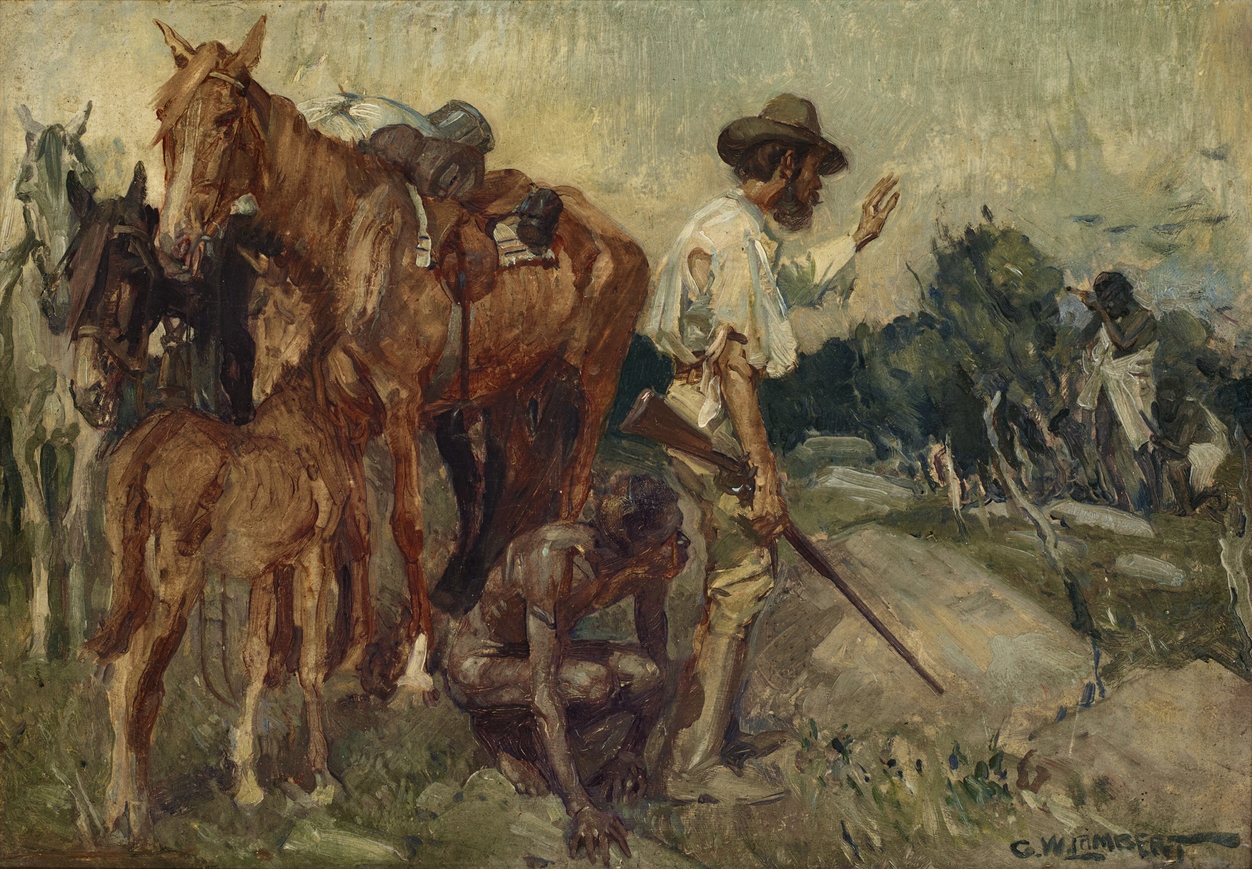 <p>George Lambert, <em>Eyre and Wylie</em>, 1908, oil on wood panel, 26.5 x 38.0 cm, private collection. Photo courtesy of Deutscher and Hackett.</p>