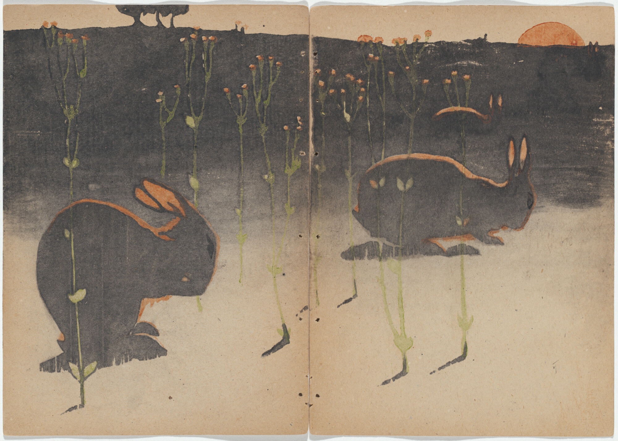 <p>Violet Teague and Geraldine Rede, <em>not titled (four rabbits and grass)</em> from <em>Night fall in the ti-tree</em>, 1905, coloured woodcut on paper, 24.4 h x 17.4 w cm, National Gallery of Australia.</p>
