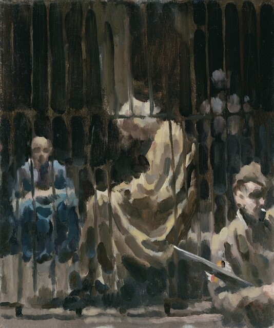 <p>Colin Colahan, <em>Collaborators in the Lions’ Cage at Antwerp</em>, oil on wood, 45.8 × 38 cm (62 × 54.5 × 4.5 cm framed), Antwerp, Flanders, September 1944. Australian War Memorial, ART25707. Public domain.</p>