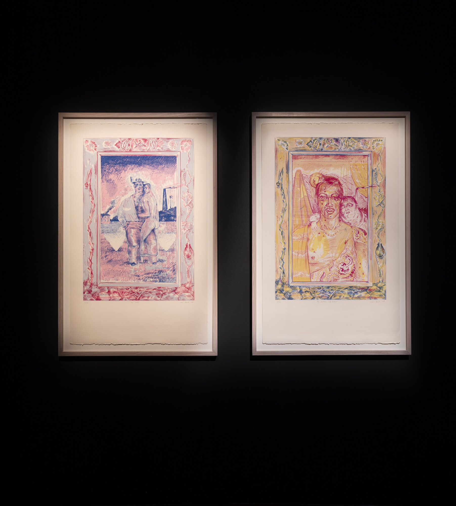 Installation image of <em>Agent Bodies</em>, 2022. Juan Davila, <em>The Field</em>, 1988. Screen print on thick wove velin arches 400 gsm paper. Juan Davila, <em>Pre-Modern Self Portrait</em>, 1988. Screen print on thick wove velin arches 400 gsm paper. Image courtesy of RMIT Gallery. Photo: Tobias Titz
