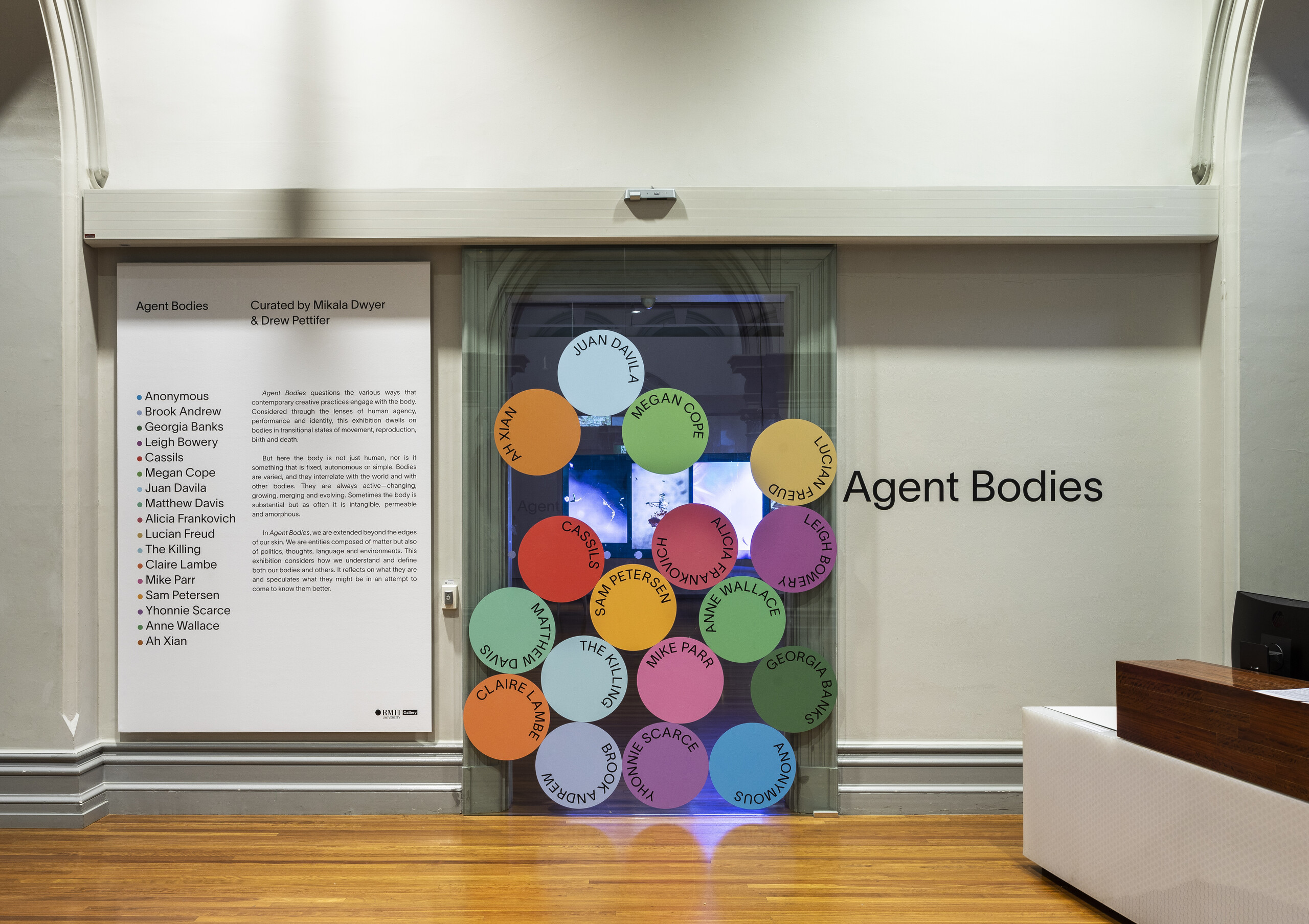 Installation image of <em>Agent Bodies</em> (foyer), 2022. Image courtesy of RMIT Gallery. Photo: Tobias Titz