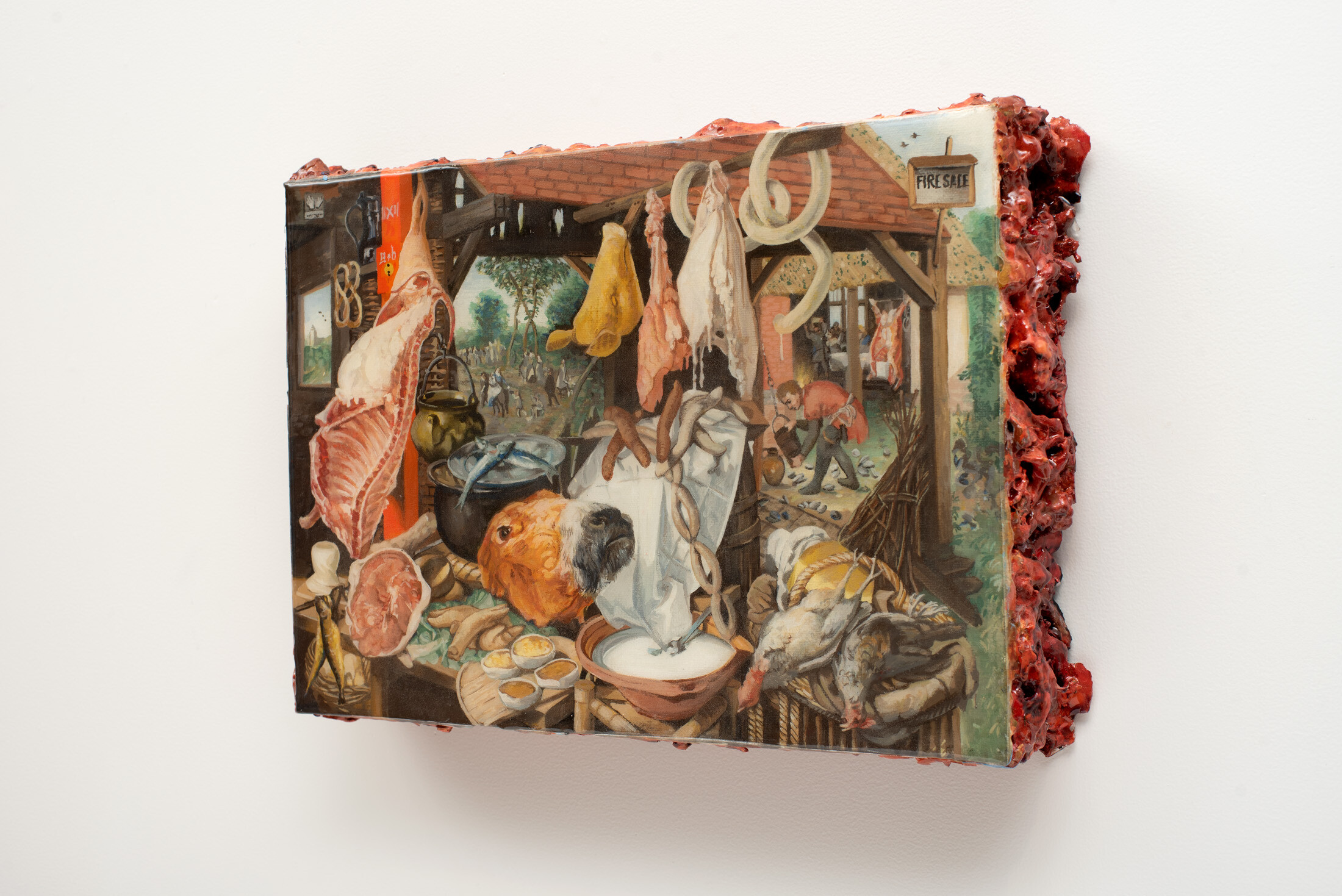 <p>Robert O’Connor, <em>Copy of Pieter Aertsen’s ‘A Meat Stall with the Holy Family Giving Alms’, 1551, </em>2025, oil on linen on board in resin, 32 x 46 x 9 cm.</p>