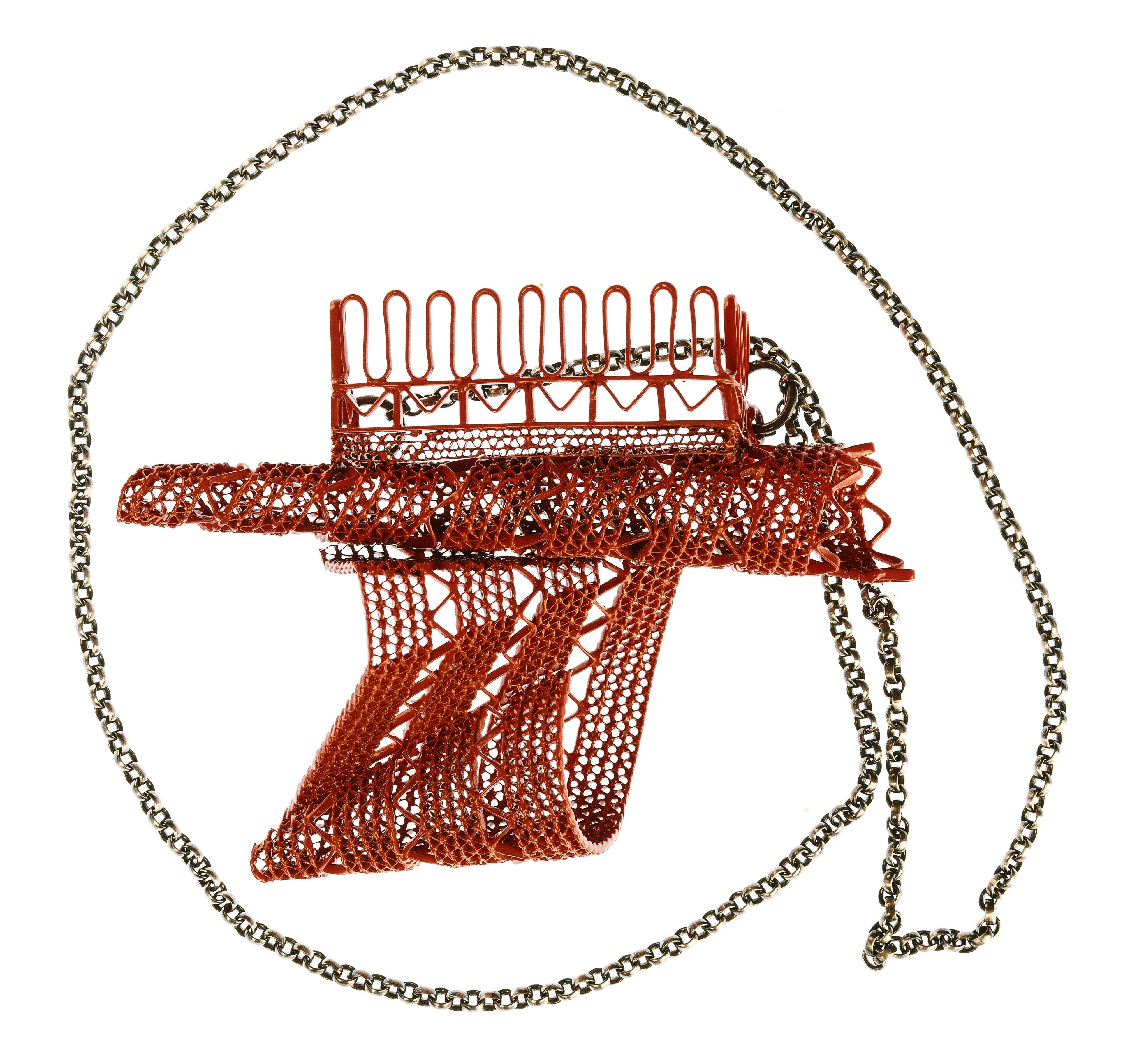 <p>Robert Baines,<em> Redline Chain</em>, 2016, powder coated silver and coloured plastic. Photo: Andrew Curtis, courtesy of Geelong Gallery</p>