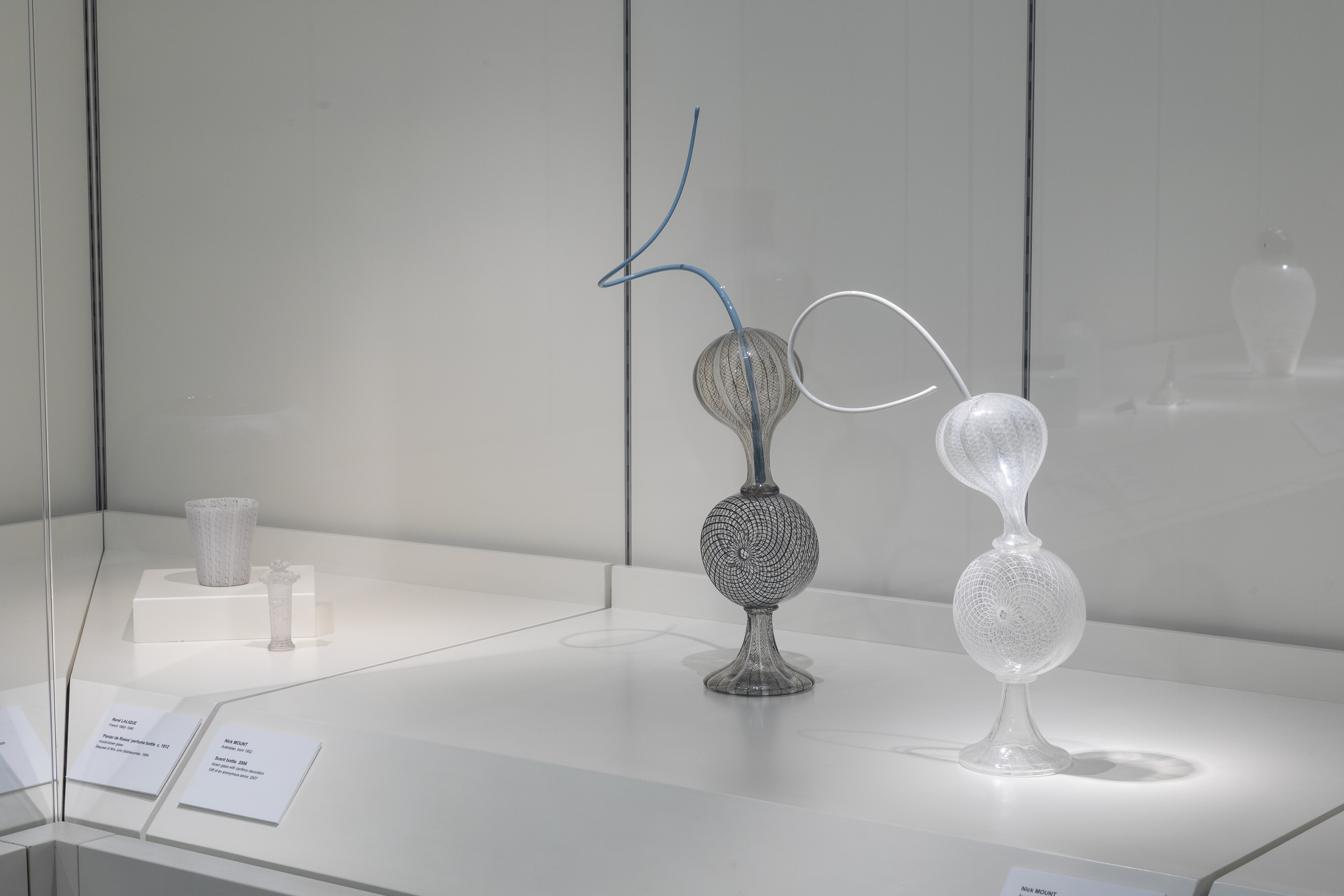 <p>Installation view of Nick Mount, <em>Scent Bottle</em>, 2006, blown glass with zanfirico decoration. Photo: Andrew Curtis, courtesy of Geelong Gallery</p>
