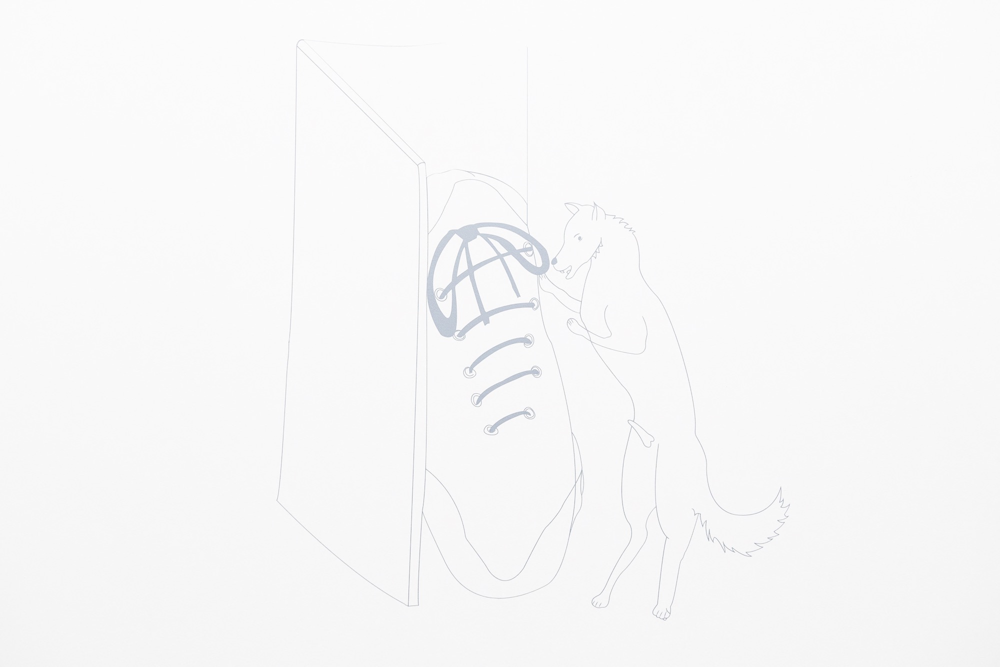 Alex Hobba, <em>Wolf at the Door Tells Shoe in the Door That the Only Thing to Fear is Fear Itself​,</em> 2020, vinyl decal, dimensions variable.