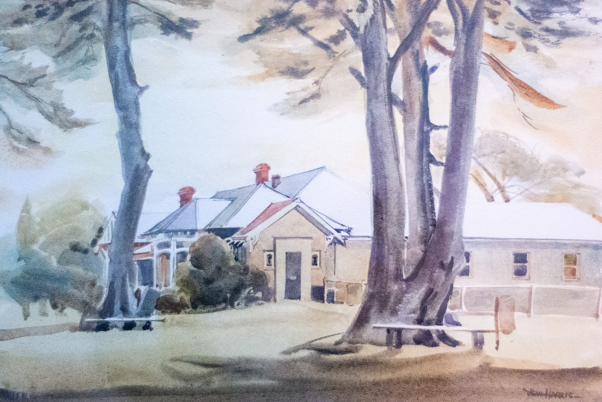 Watercolour of the Altona Homestead depicting the fireplace door conversion by artist Jean Harris.