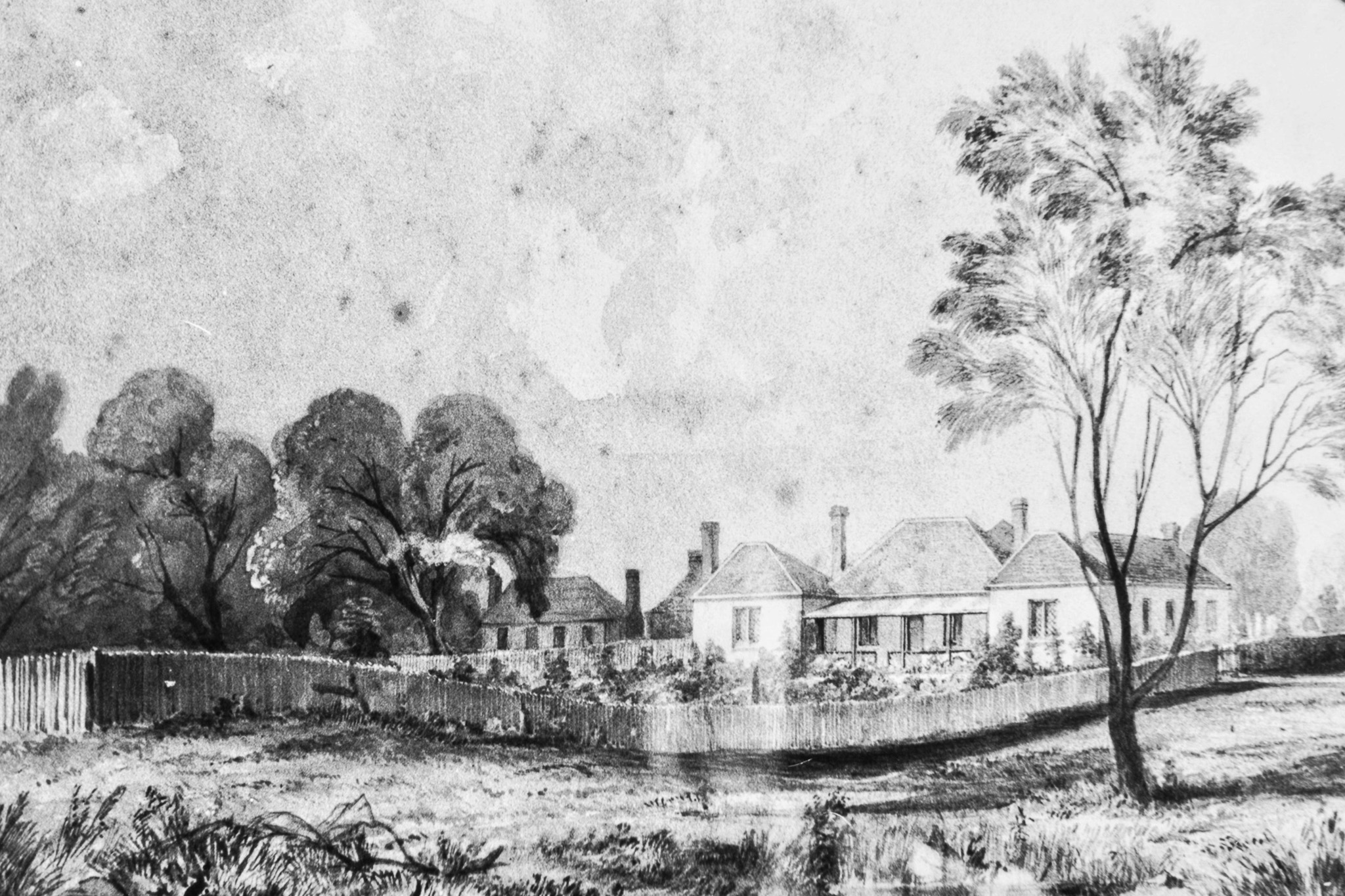 1842 rendering of the original timber homestead. Source: State Library of NSW, Altona Laverton Historical Society.