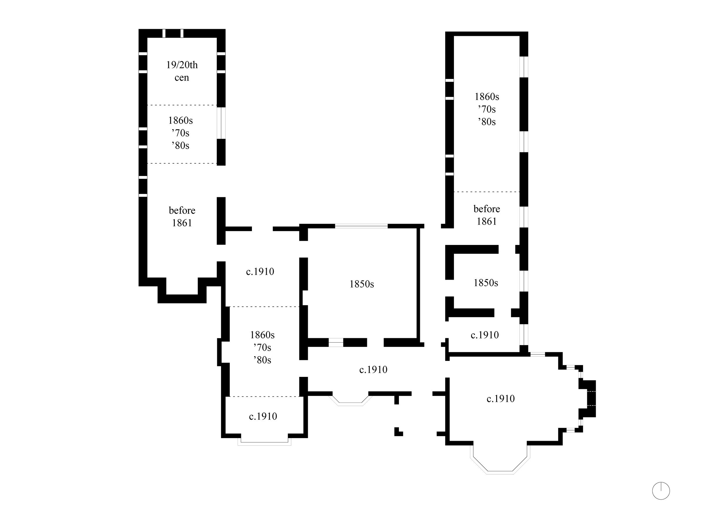 Chronological floorplan of the Altona Homestead, drawn by author after David Bick Conservation Report 1988, Altona Laverton Historical Society. White dotted lines denote the reinstated fireplace on the eastern elevation.