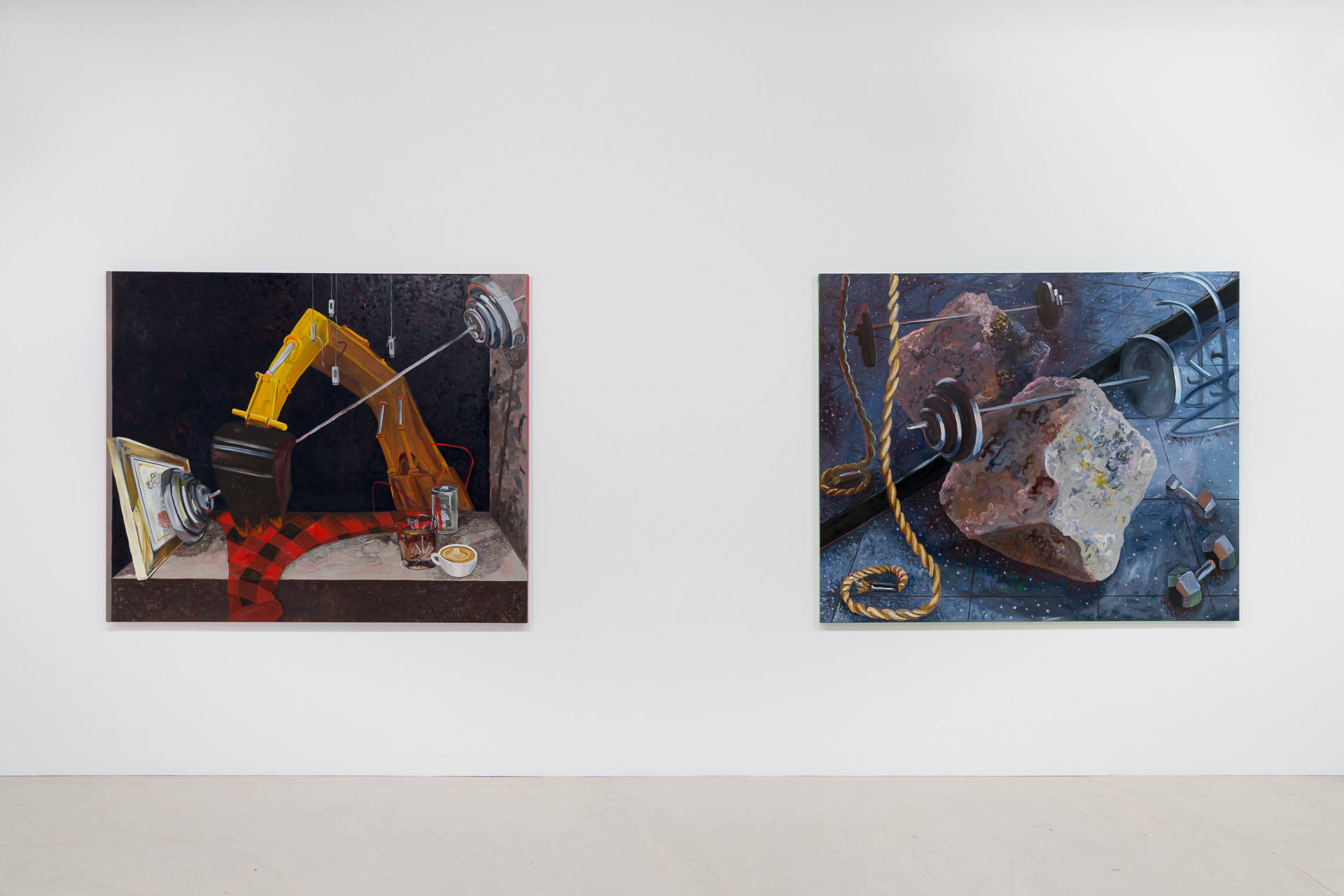 Installation view of Amber Boardman, <em>The Masculine Urge to Paint and Still Life</em>, 2023, oil on canvas and <em>The Rock of Sisyphus</em>, 2023, oil on canvas, Chalk Horse. Photo: Document Photography.