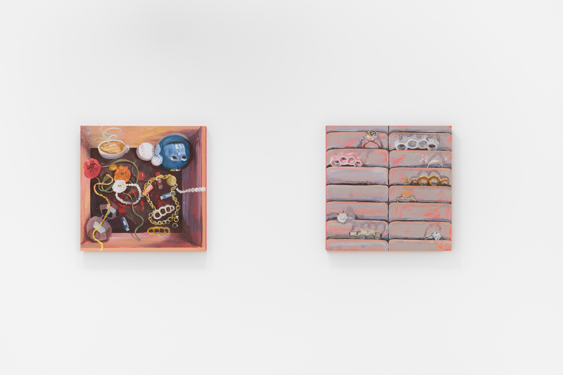 Installation view of Amber Boardman,<em> Box of Abandoned Interests,</em> 2023, oil on panel and <em>Brass Knuckle and Wedding Ring Collection</em>, 2023, oil on panel, Chalk Horse. Photo: Document Photography.