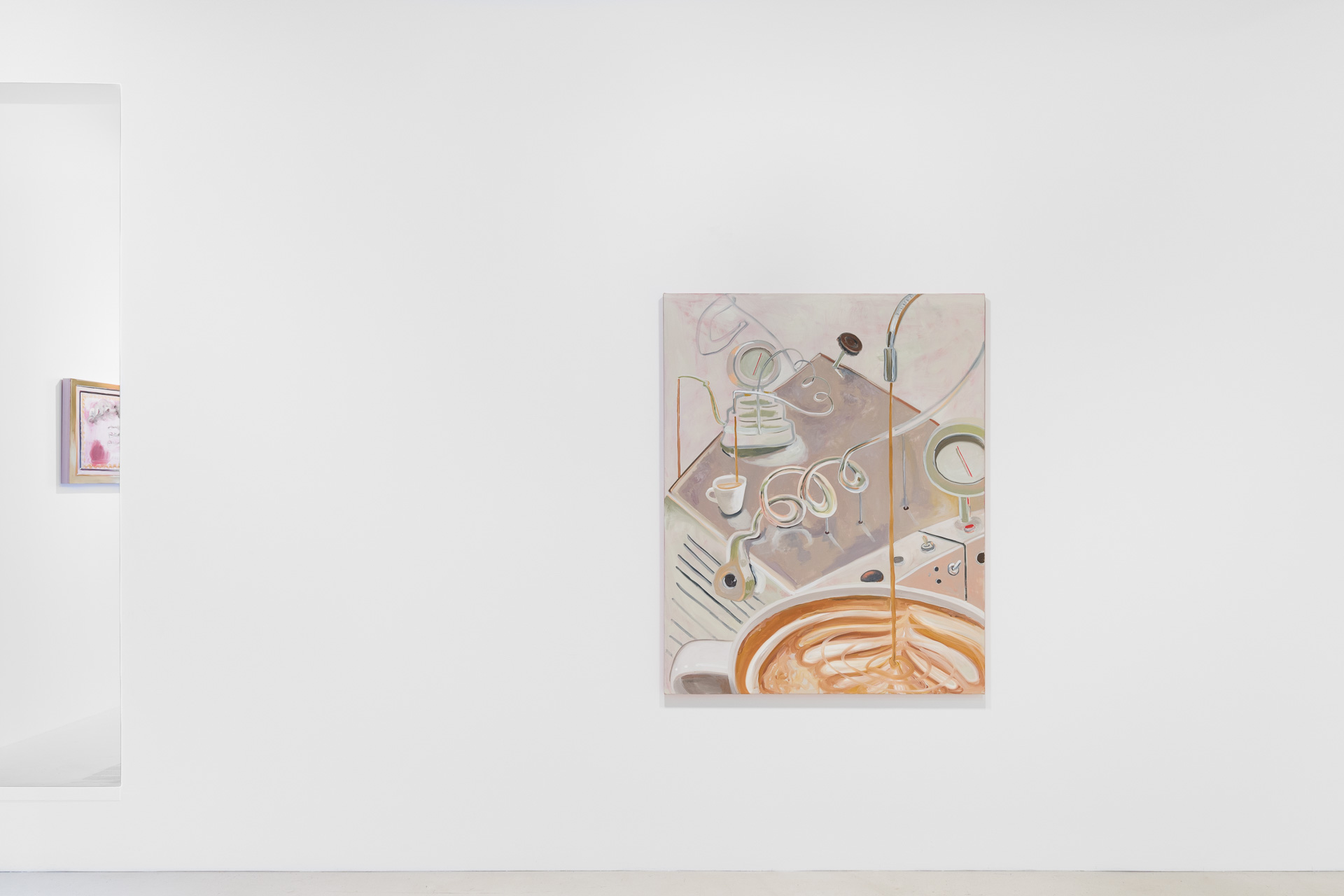 Installation view of Amber Boardman, <em>Coffee Extremist</em>, 2023, oil on canvas, Chalk Horse. Photo: Document Photography.