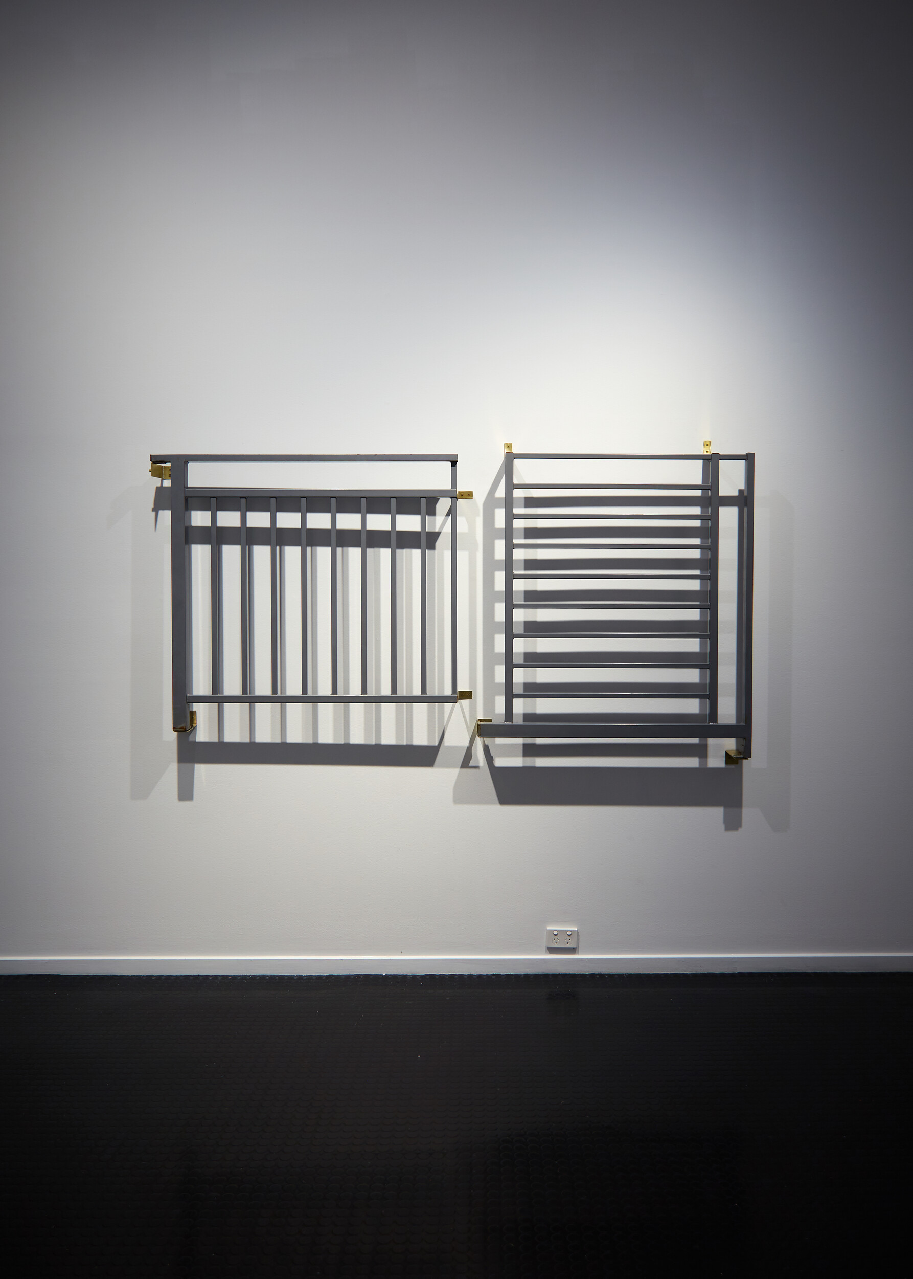 <p>Anna Varendorff, <em>Adjacent Greys</em>, 2025. Mild steel, enamel paint, brass, sterling silver solder. 122 x 280.5 x 14.7 cm</p>