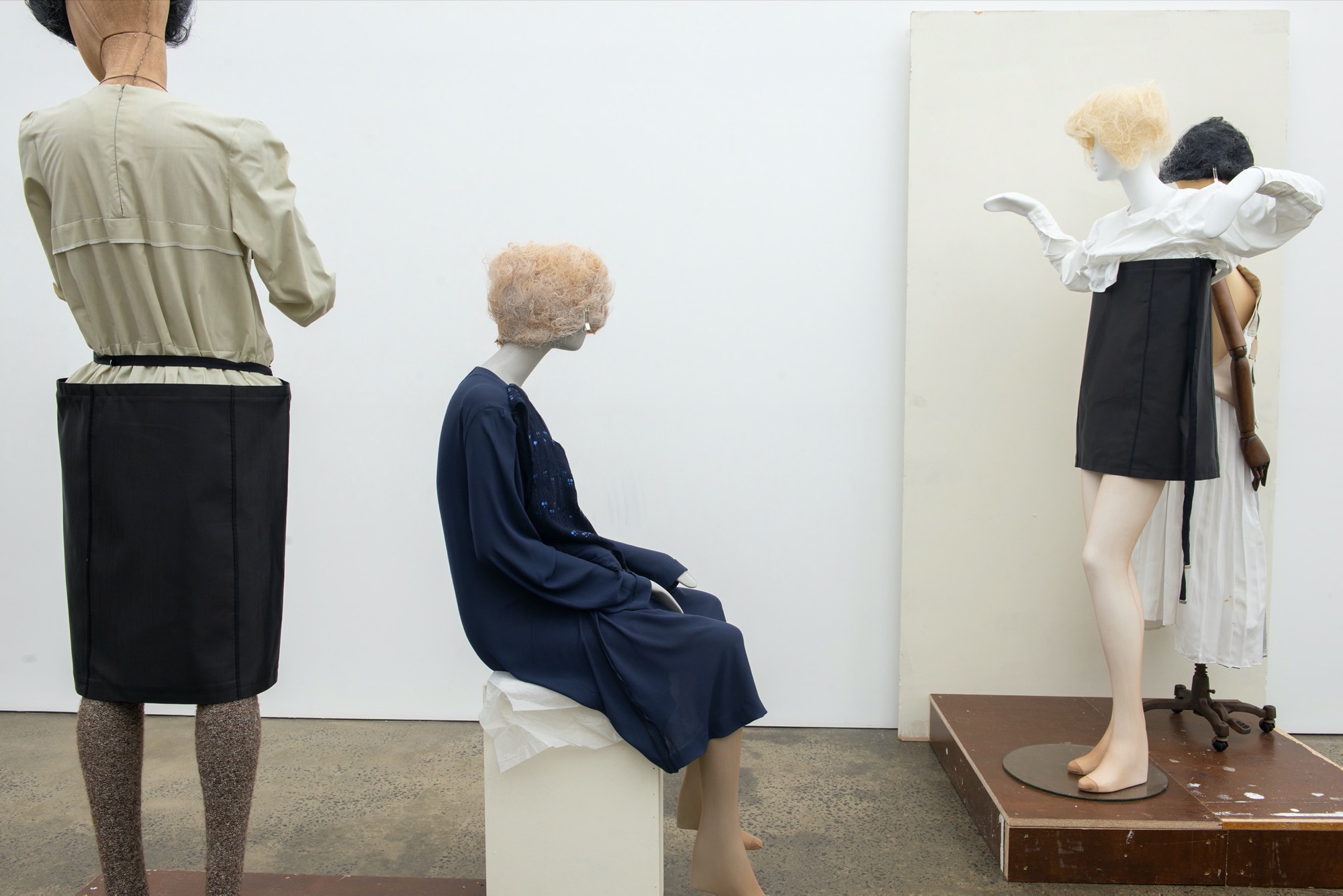 Jessie Kiely, 2017, Single tube with grosgrain fastening attached; Jessie Kiely, 2017, Blue padded dress; Jessie Kiely, 2017, Mini tube dress. Photo: Agnieszka Chabros