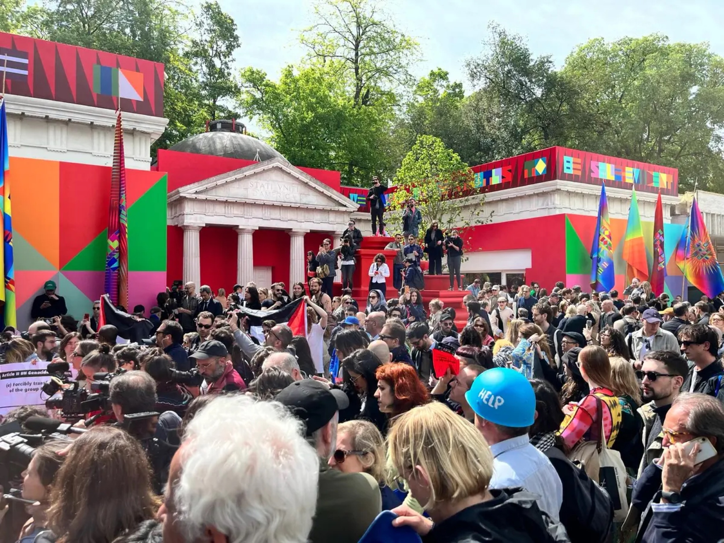 <p>Protests organised by Art Not Genocide outside the US pavilion (pictured) and the Israeli pavilion (not pictured). Photographer unknown.</p>