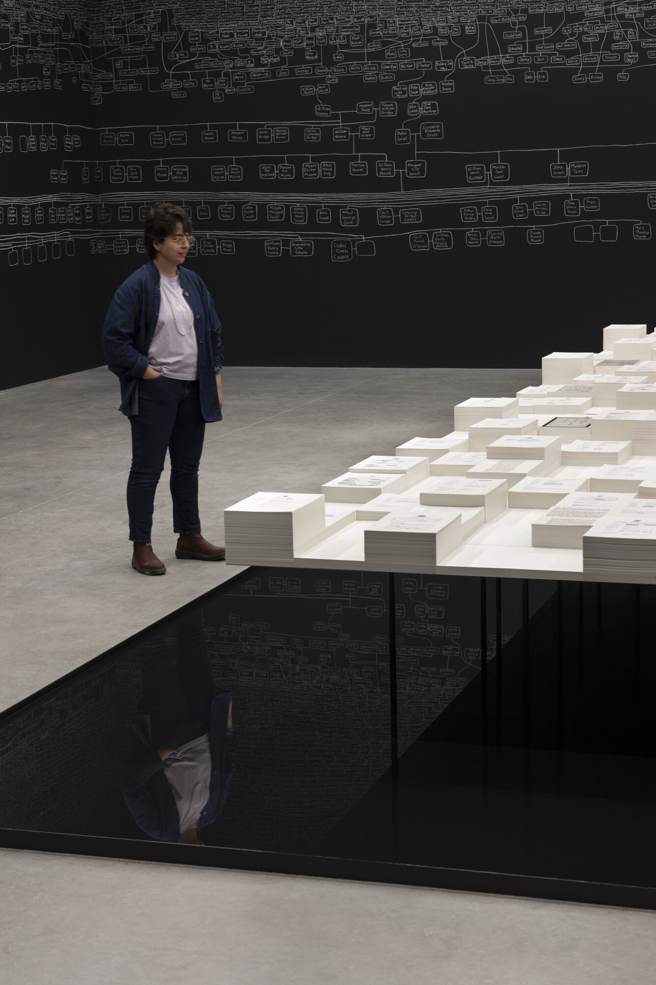 <p>Tahmina Maskinyar viewing Archie Moore, <em>kith and kin</em> 2024. Curated by Ellie Buttrose. Australia Pavilion at Venice Biennale 2024. Project team: Adrian Collette am, Diego Carpentiero, Gillian Mercer, Mikala Tai, Niwa Mburuja, Tahjee Moar, Tahmina Maskinyar, with the support from the wider Creative Australia team. Photographer: Andrea Rossetti, © the artist. Image courtesy of the artist and The Commercial.</p>