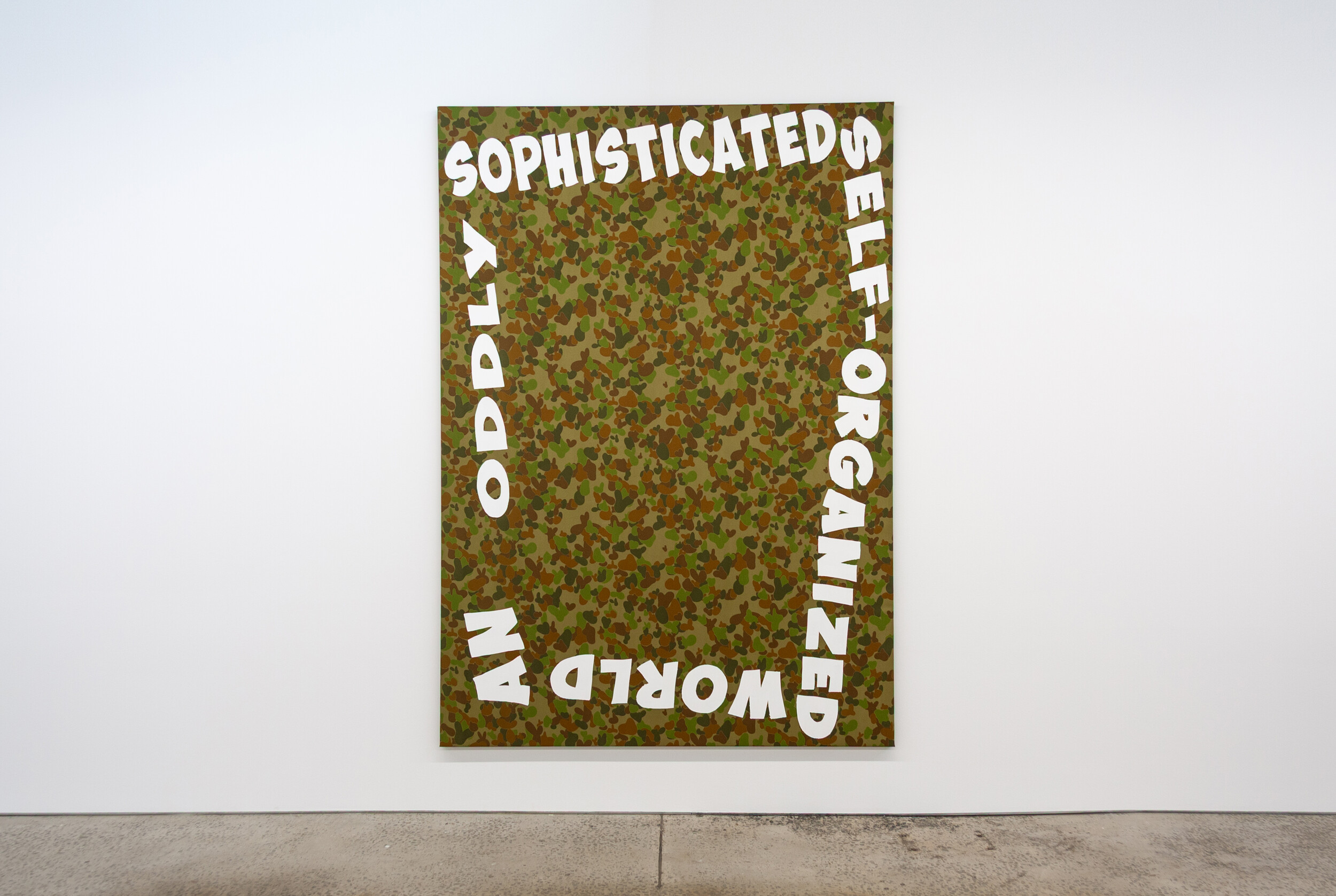 <p>Lucina Lane, <em>Untitled, ((An oddly sophisticated self-organized world) DPCU version)</em>, 2025, acrylic on Cordura, 238 x 168 cm. Courtesy of the artist and 1301SW</p>