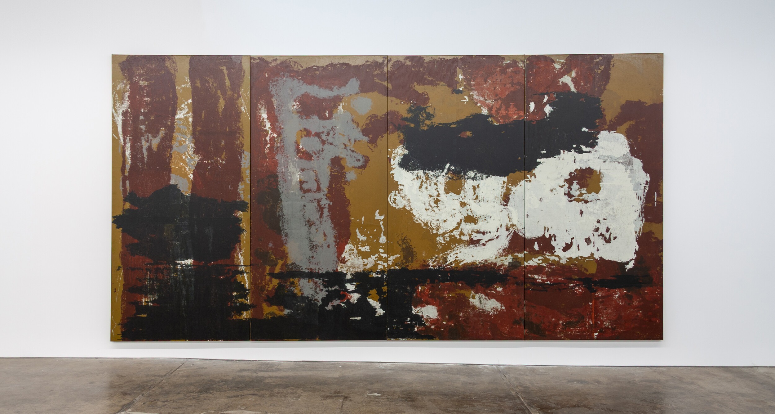 <p>Alexandra Peters, <em>Fenestration (Auto-Extrication)</em>, 2024, acrylic and water-based ink with screen-print medium and paste on leatherette, four parts, 250 x 480 cm (overall). Courtesy of the artist and 1301SW</p>