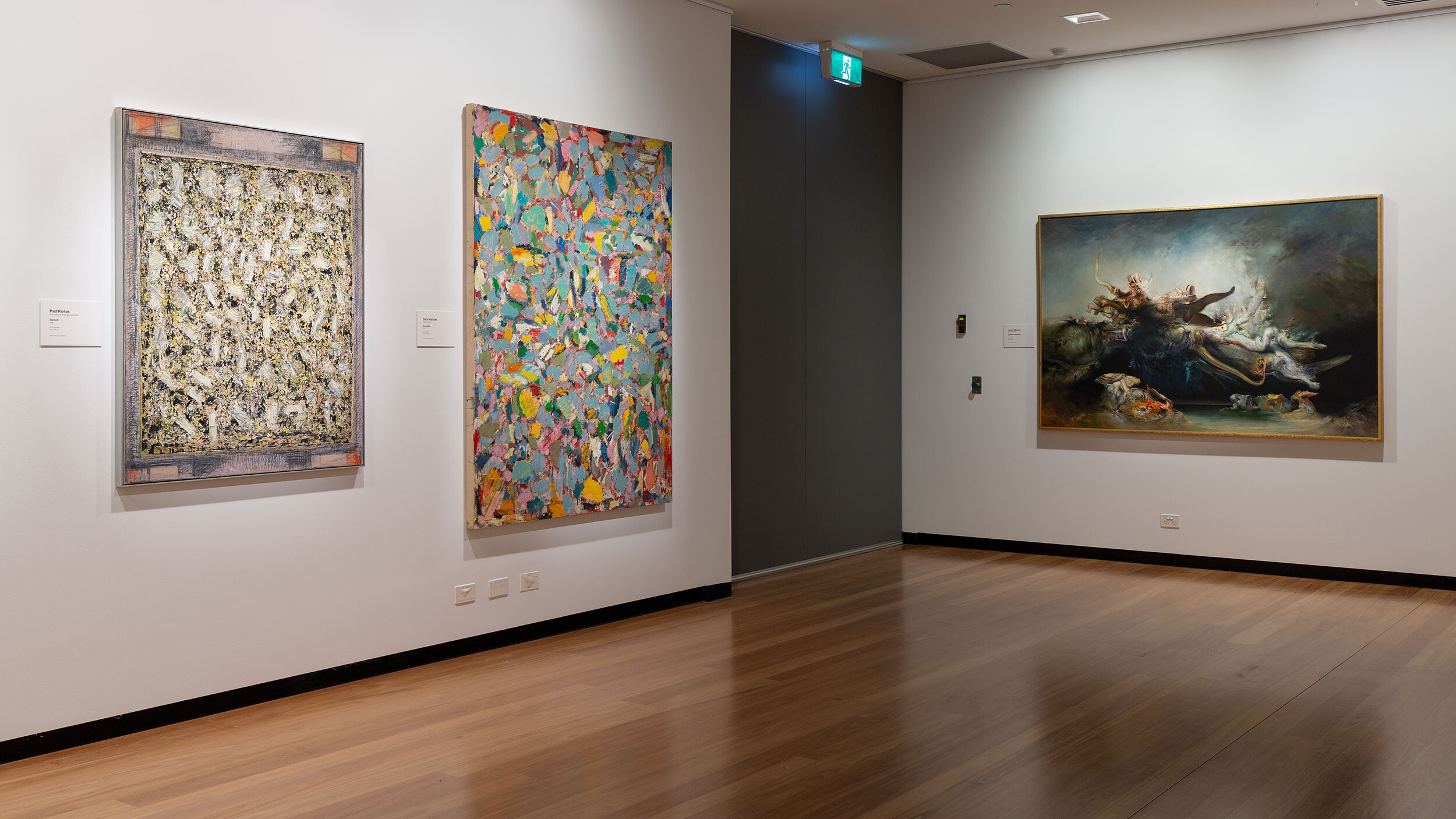 <p>Installation shot <em>Aspects of Abstraction</em>. Paul Partos, <em>Sunset</em> (1986), Dick Watkins, <em>Accident</em> (1970), James Gleeson, <em>A Time of Uncertainty</em> (1995). Photo: Christian Capurro</p>