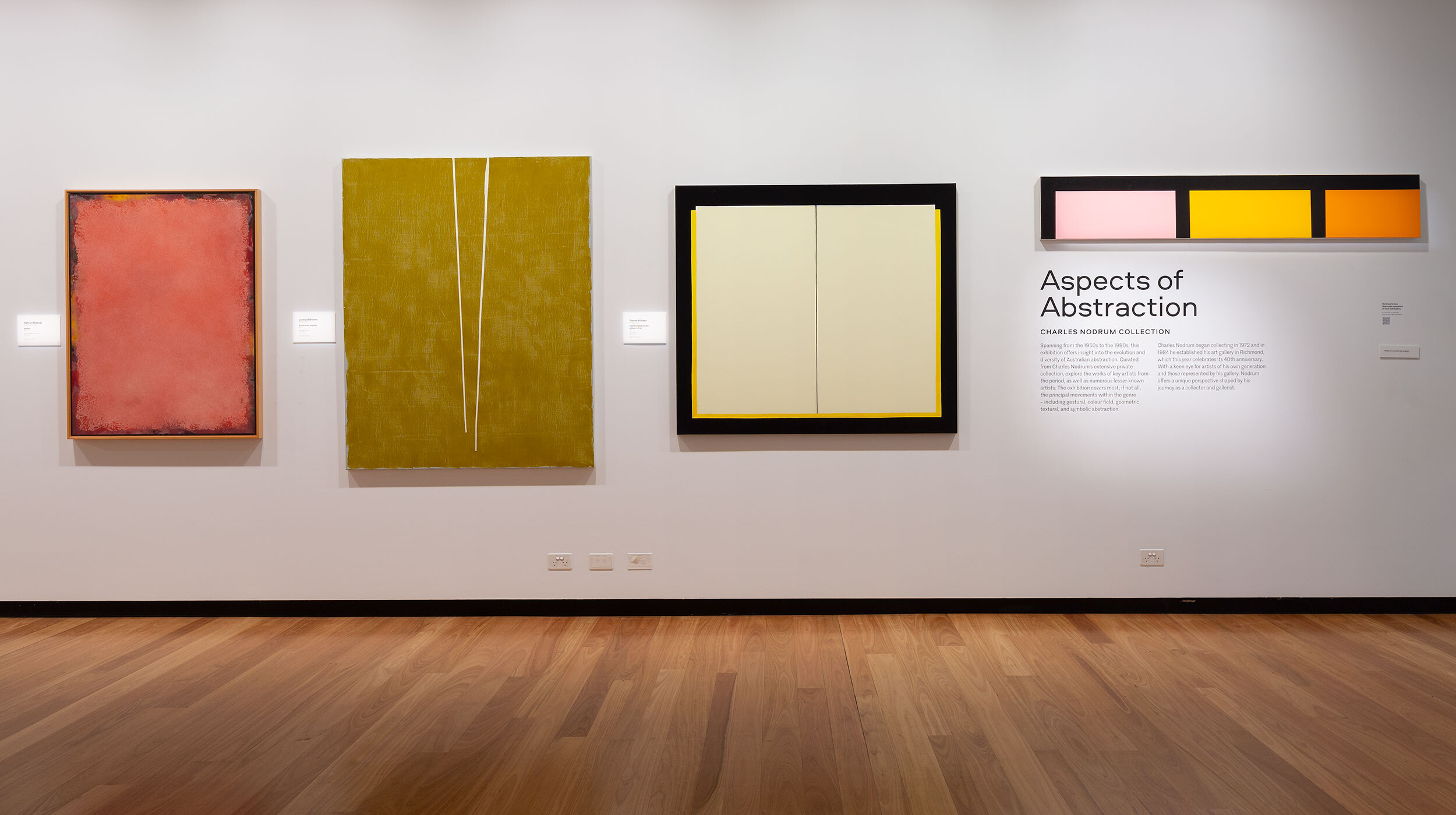 <p>Installation shot <em>Aspects of Abstraction</em>. Natvar Bhavsar, <em>Aathna (</em>1972), Leonard Brown, <em>At Last Alone Together (</em>2002), Trevor Vickers, <em>Untitled (Black Borders, Yellow Centre) (</em>2002), A.D.S. Donaldson, Untitled (2005). Photo: Christian Capurro</p>