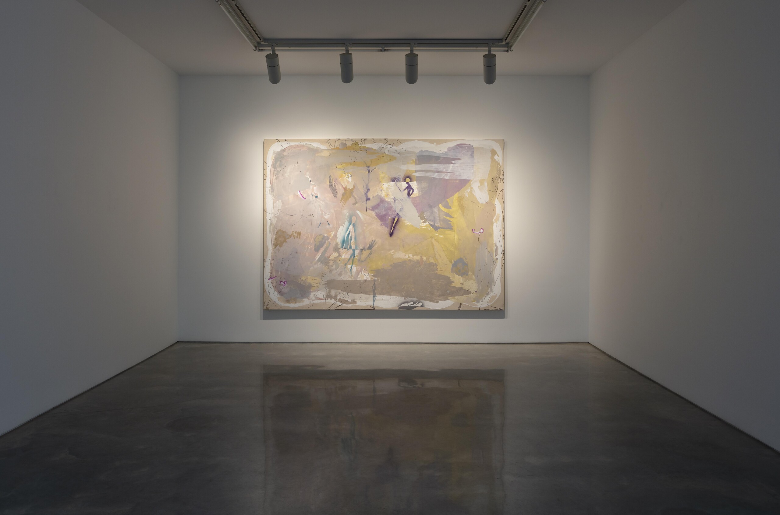 Installation view of John Spiteri, Atelier Spiteri, 2022, oil and enamel on canvas, 200 x 282cm, Sarah Cottier Gallery, Sydney. Image courtesy Sarah Cottier Gallery