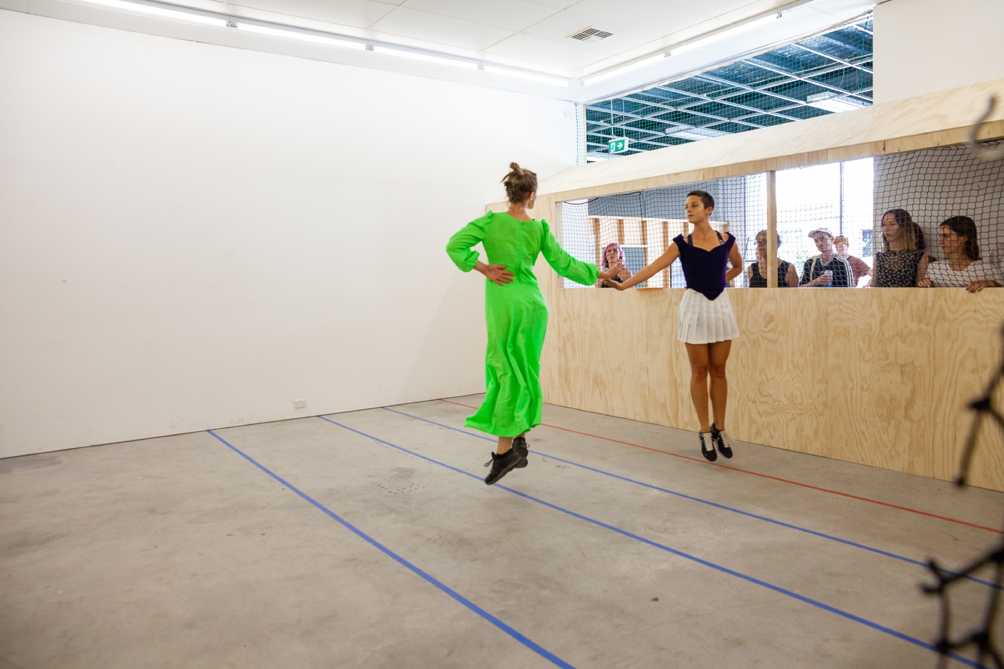 Atlanta Eke, <em>The Tennis Piece,</em> 2 March 2019, performed by Atlanta Eke, Annabelle Balharry, Ivey Wawn, Ellen Davies at Gertrude Contemporary. Image courtesy of Gertrude Contemporary. Photo: Daniel Gardeazabal.