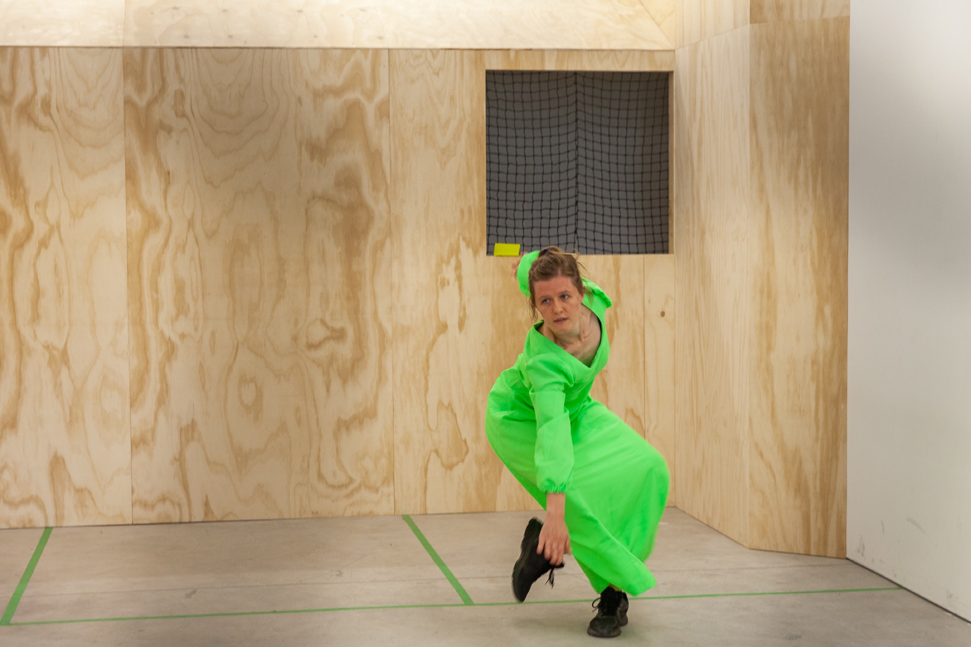 Atlanta Eke, <em>The Tennis Piece,</em> 2 March 2019, performed by Atlanta Eke, Annabelle Balharry, Ivey Wawn, Ellen Davies at Gertrude Contemporary. Image courtesy of Gertrude Contemporary. Photo: Daniel Gardeazabal.