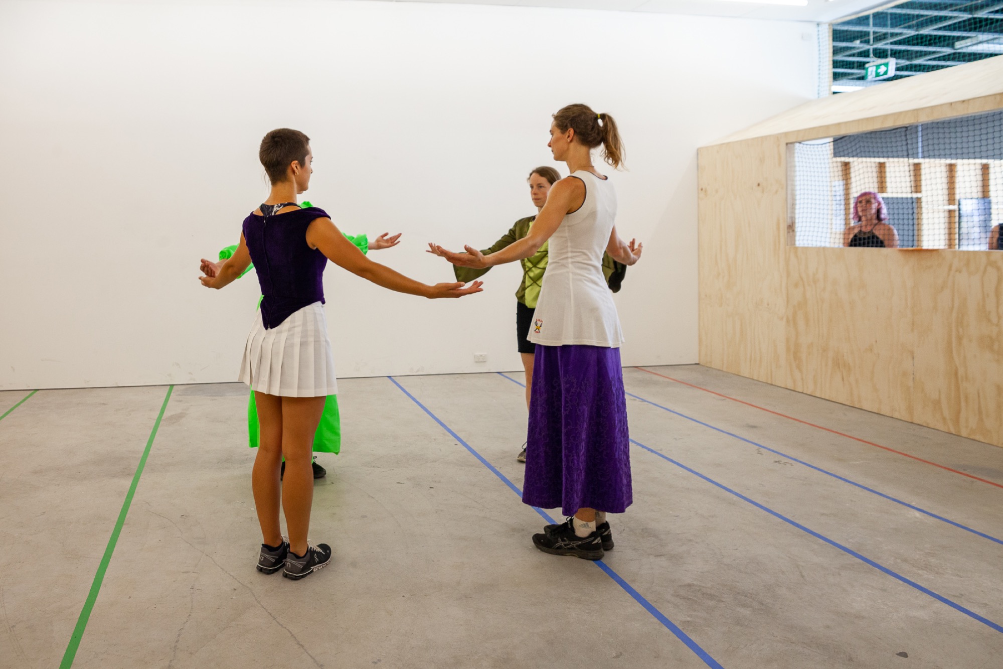 Atlanta Eke, <em>The Tennis Piece,</em> 2 March 2019, performed by Atlanta Eke, Annabelle Balharry, Ivey Wawn, Ellen Davies at Gertrude Contemporary. Image courtesy of Gertrude Contemporary. Photo: Daniel Gardeazabal.