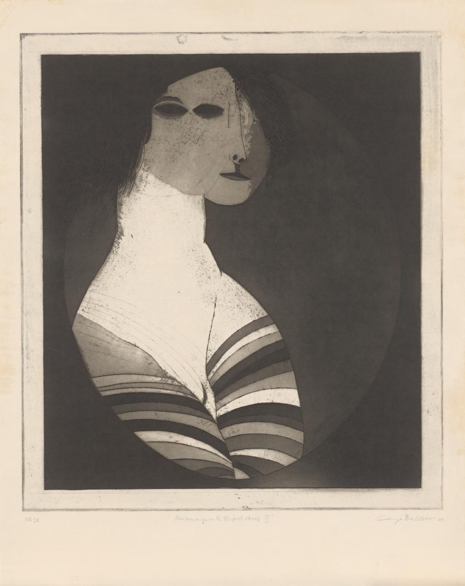 George BALDESSIN, <em>Personage with striped dress II</em>, 1968, etching, aquatint, drypoint, and foul-bite, printed in black ink with plate-tone, on paper on cardboard, 57.5 × 50.5 cm (plate); 70.7 × 56.4 cm (sheet). National Gallery of Victoria, Melbourne, The Joseph Brown Collection. © The Estate of George Baldessin/Licensed by VISCOPY, Australia