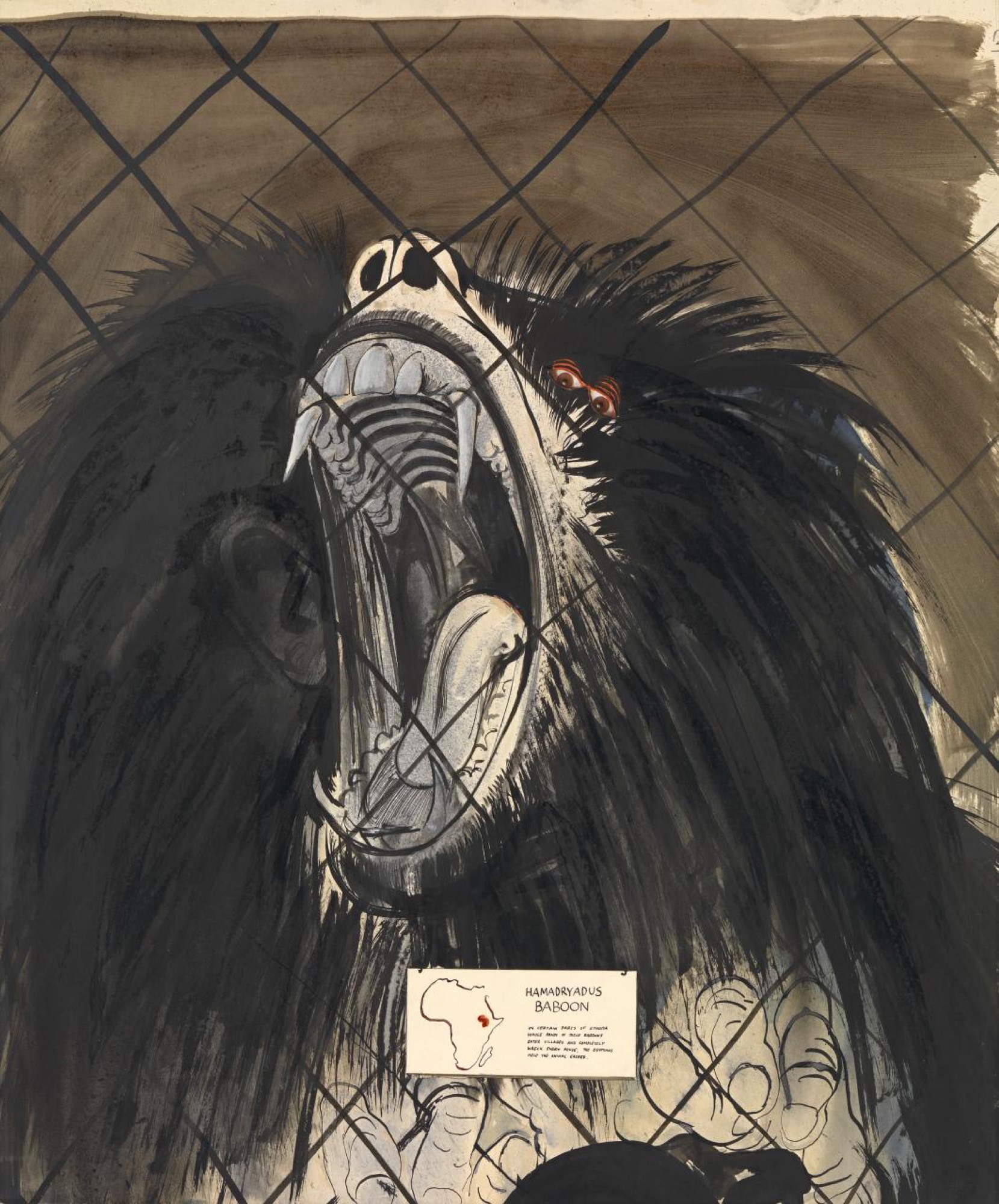 Brett WHITELEY, <em>Sacred baboon</em>, 1975, brush and ink, wood stain, watercolour, gouache and cut printed colour illustration on cardboard, 81.6 x 67.6 cm (image and sheet). National Gallery of Victoria, Melbourne, © Wendy Whiteley.