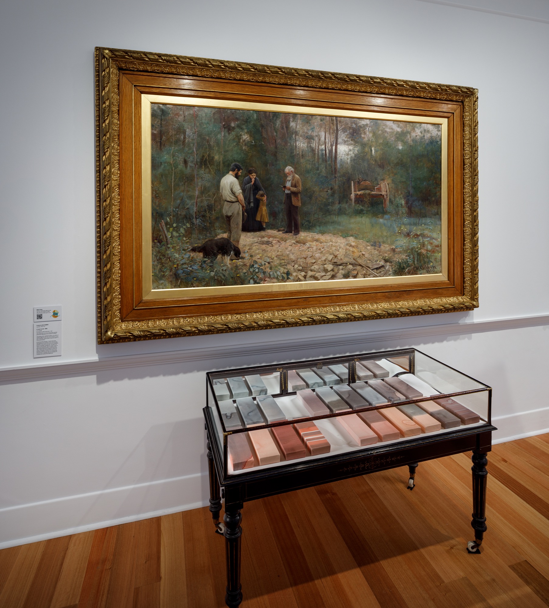 Barbara Campbell, <em>Soft Part Colours, Eastern Curlew Bill series</em>, 2015, watercolour on Canson paper on wooden stretcher frame. Installation view of work in <em>Barbara Campbell—ex avibus</em>, 2022, Geelong Gallery, © Barbara Campbell. Photographer: Andrew Curtis