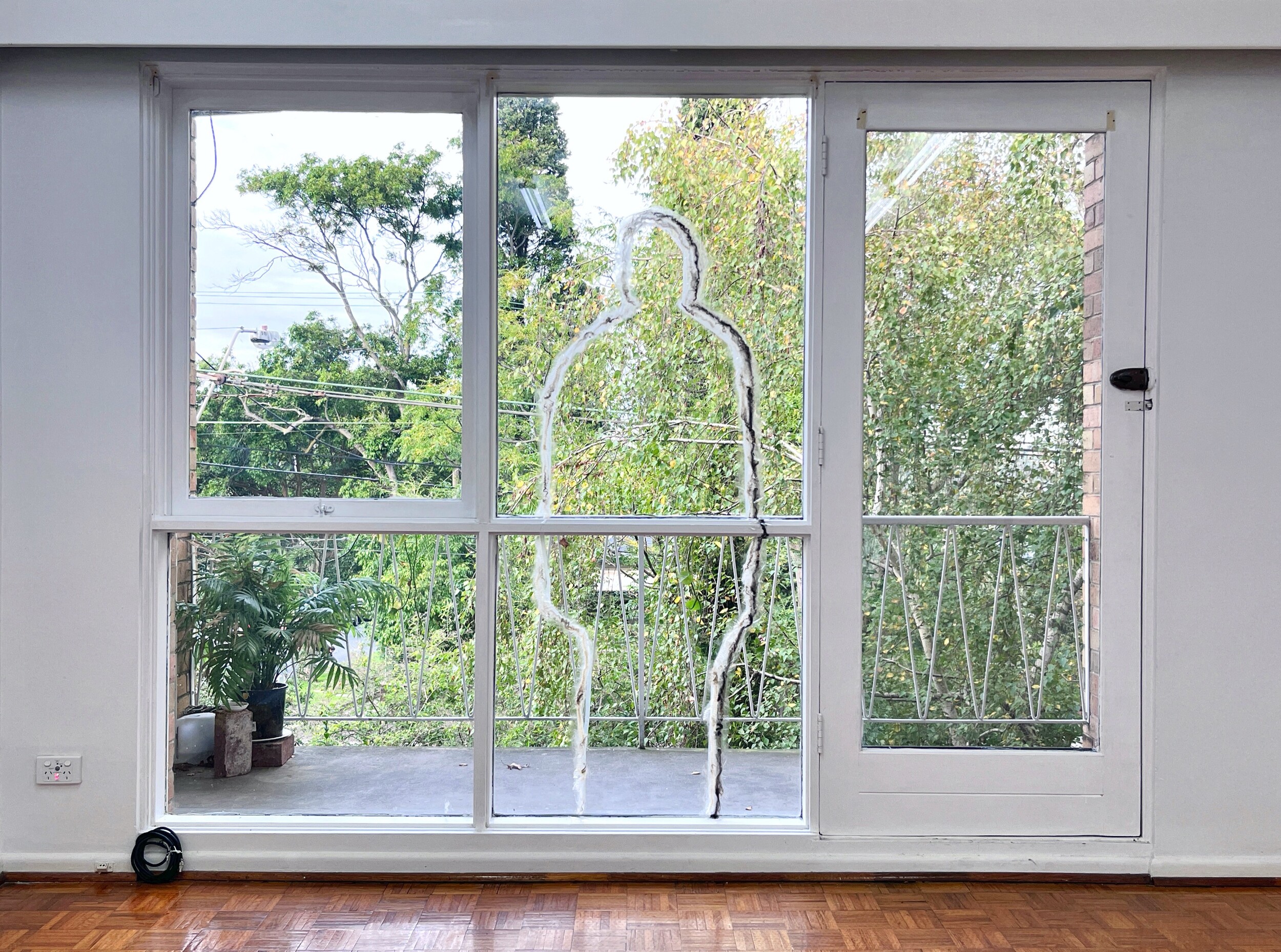 Installation view of Katherine Botten, Confusion is sex, 2023, Australian wool, glue, scotch tape, 172 x 68 cm, Yesterday. Photo: Andrew Nille