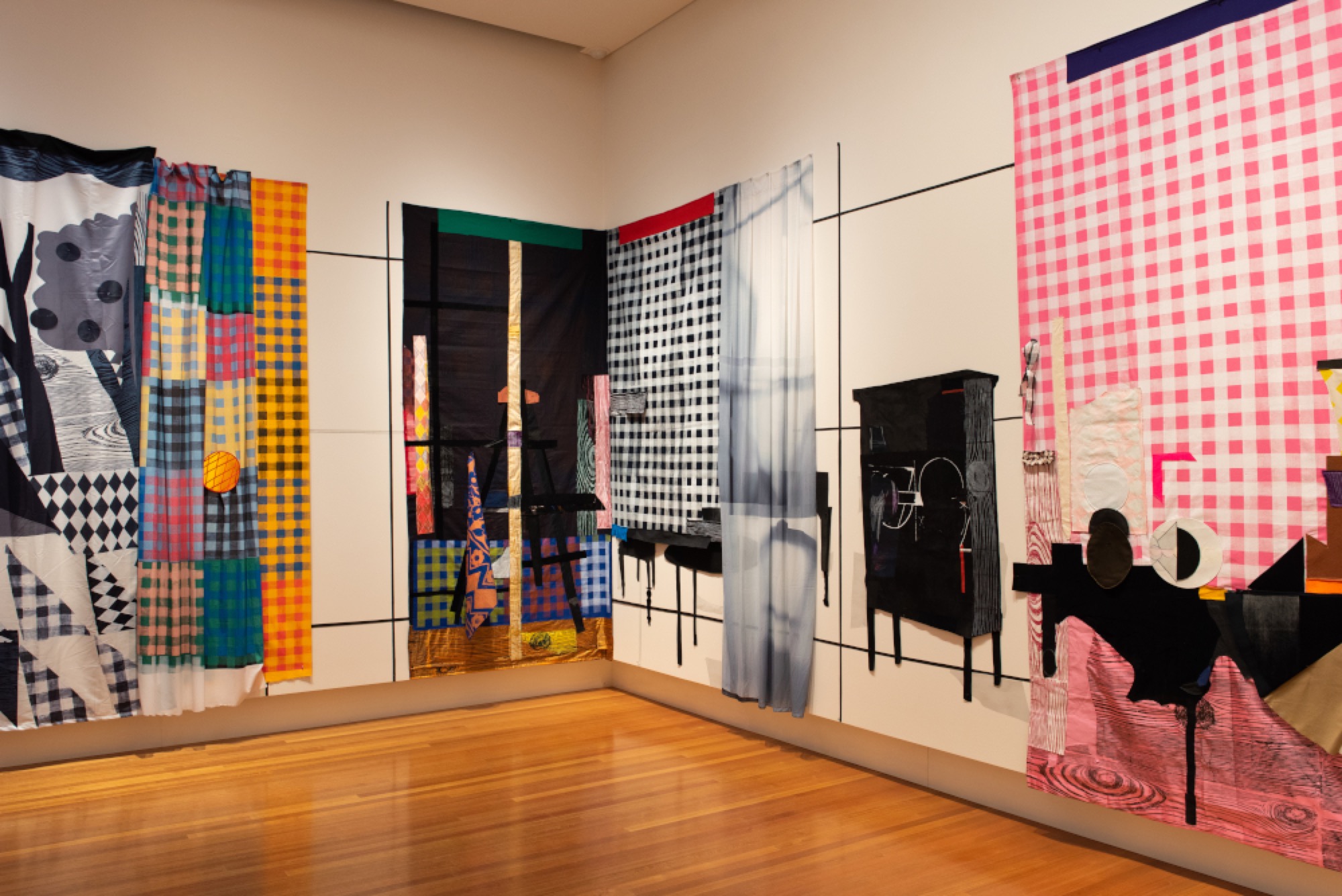 Sally Smart, <em>Interiors (Daughter architect)</em>, 2019-20, textile assemblage, installation view, Bendigo Art Gallery, 2020.